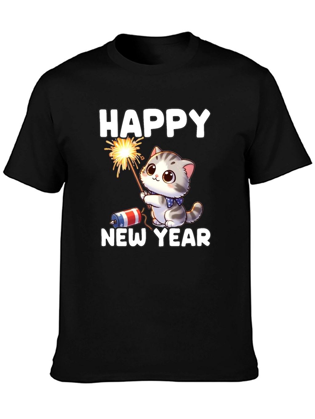 Camiseta Feliz Año Nuevo Gato Fuegos Artificiales