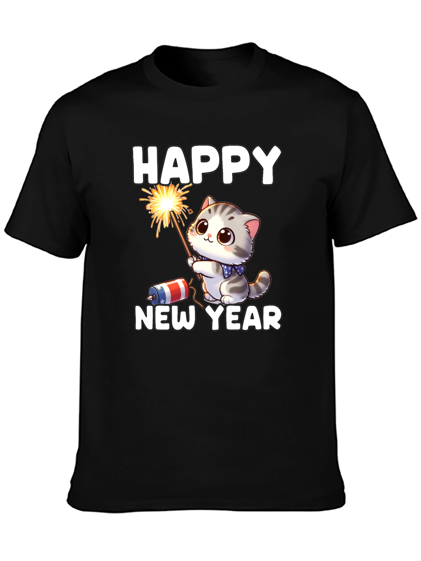 Camiseta Feliz Año Nuevo Gato Fuegos Artificiales