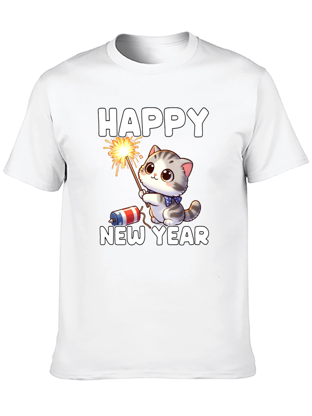 Camiseta Feliz Año Nuevo Gato Fuegos Artificiales