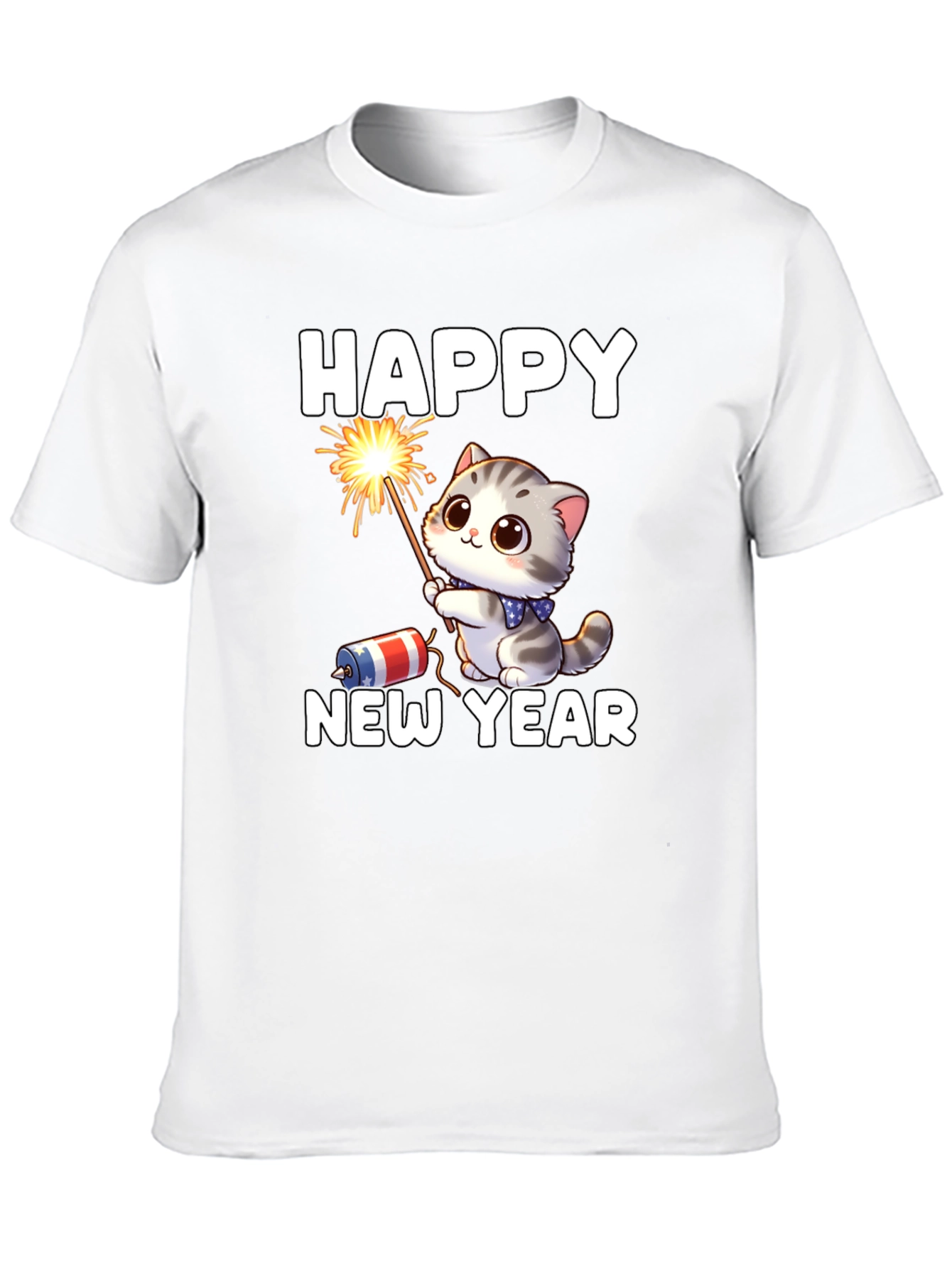 Camiseta Feliz Año Nuevo Gato Fuegos Artificiales