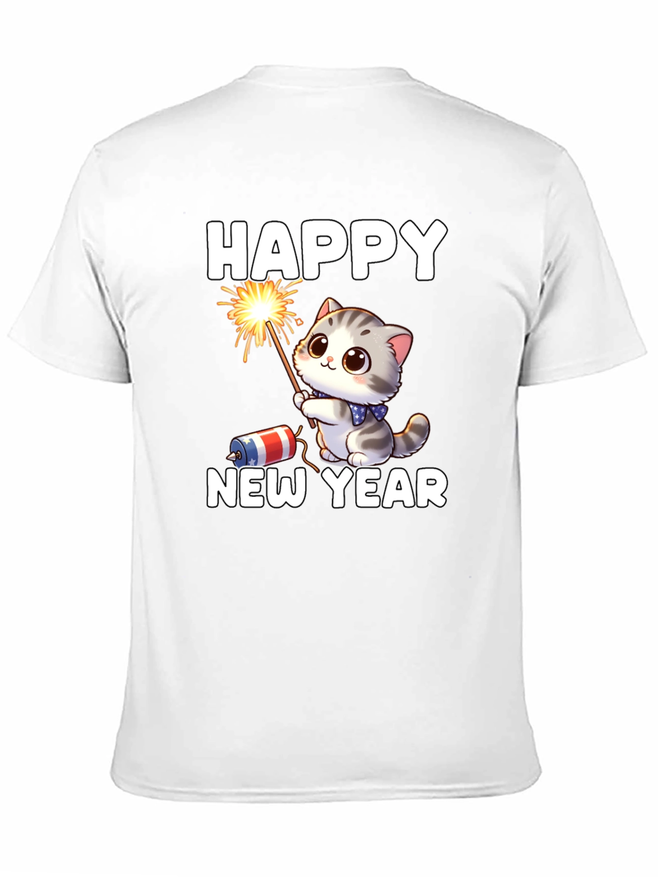 Camiseta Feliz Año Nuevo Gato Fuegos Artificiales