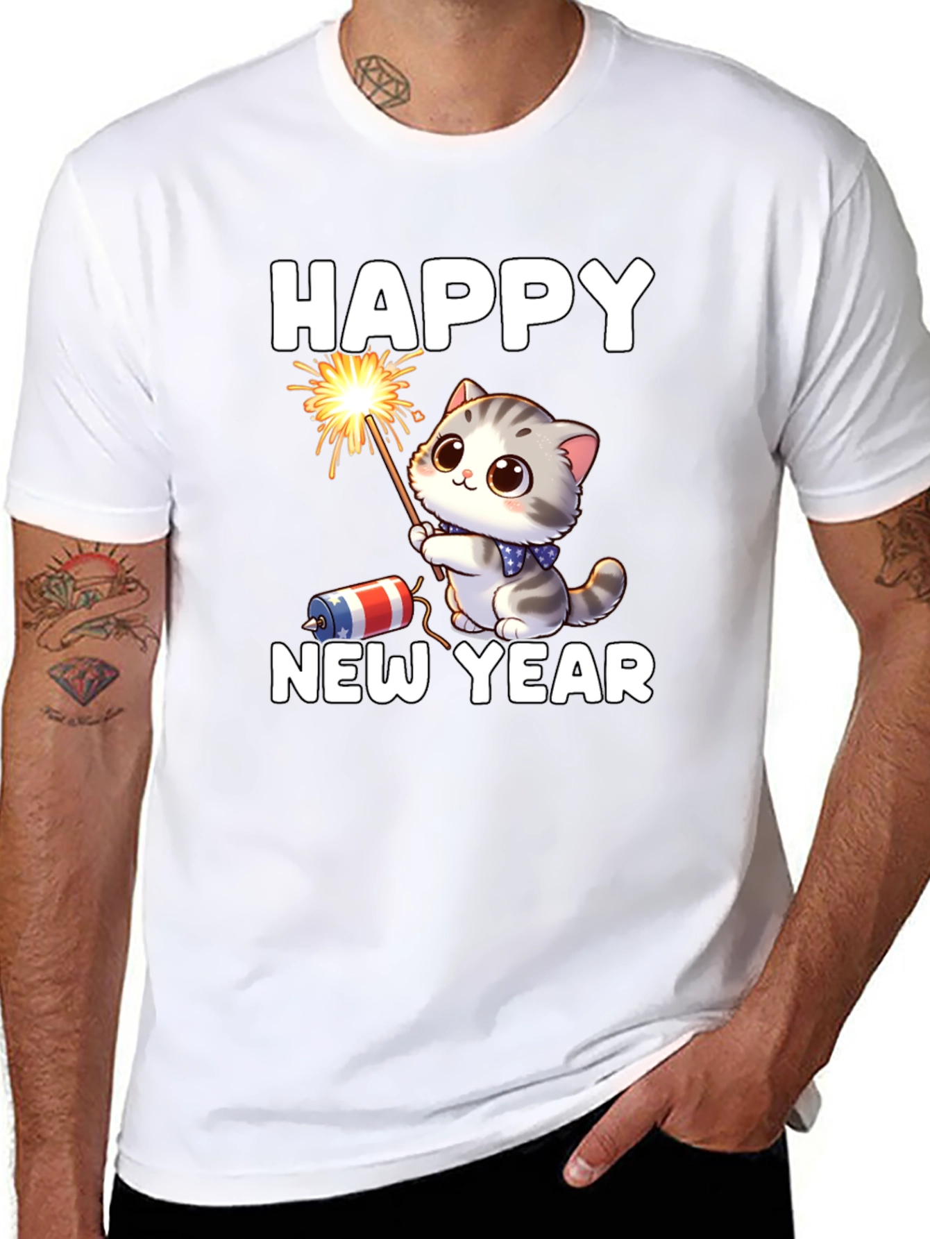 Camiseta Feliz Año Nuevo Gato Fuegos Artificiales
