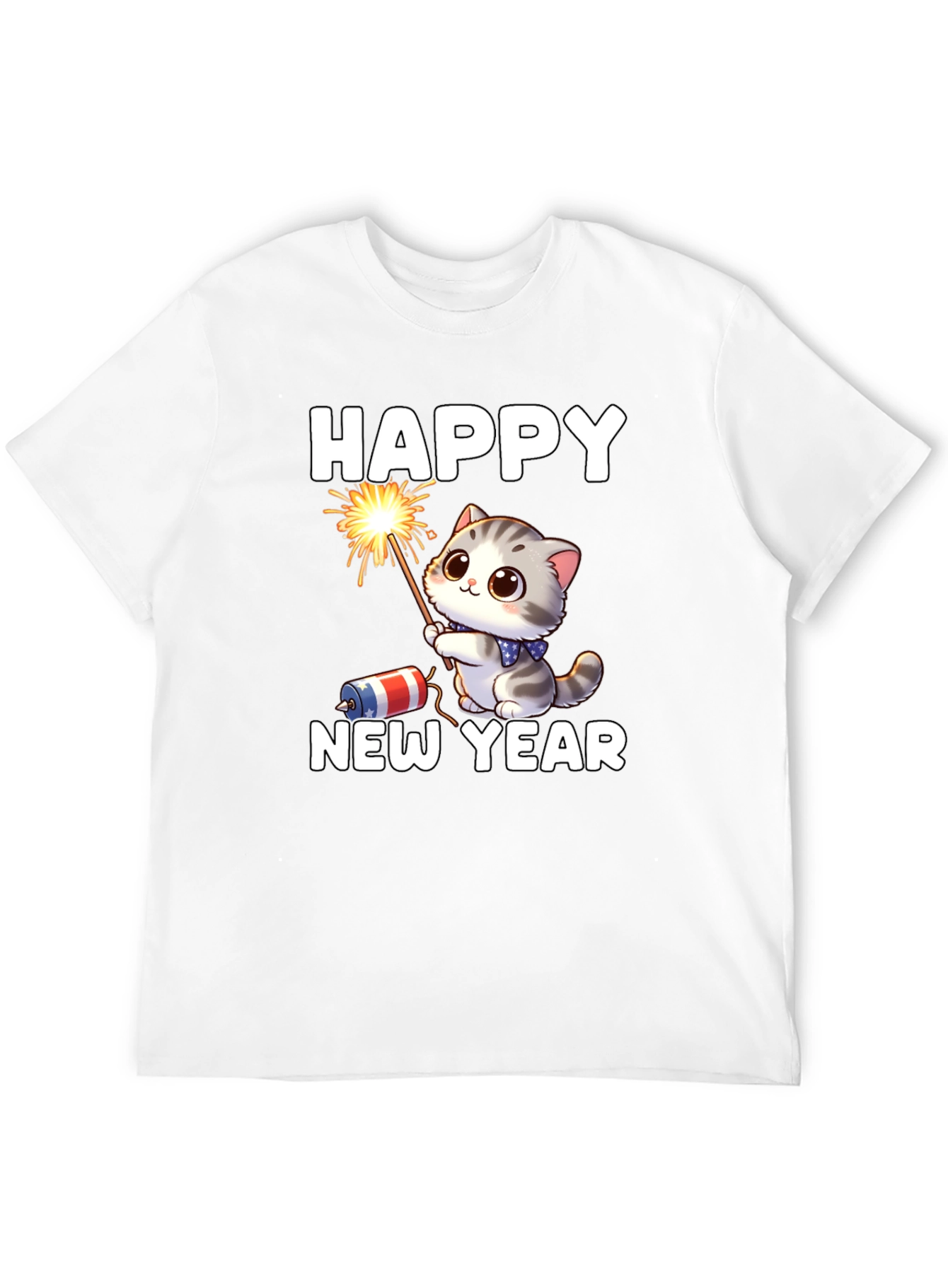 Camiseta Feliz Año Nuevo Gato Fuegos Artificiales