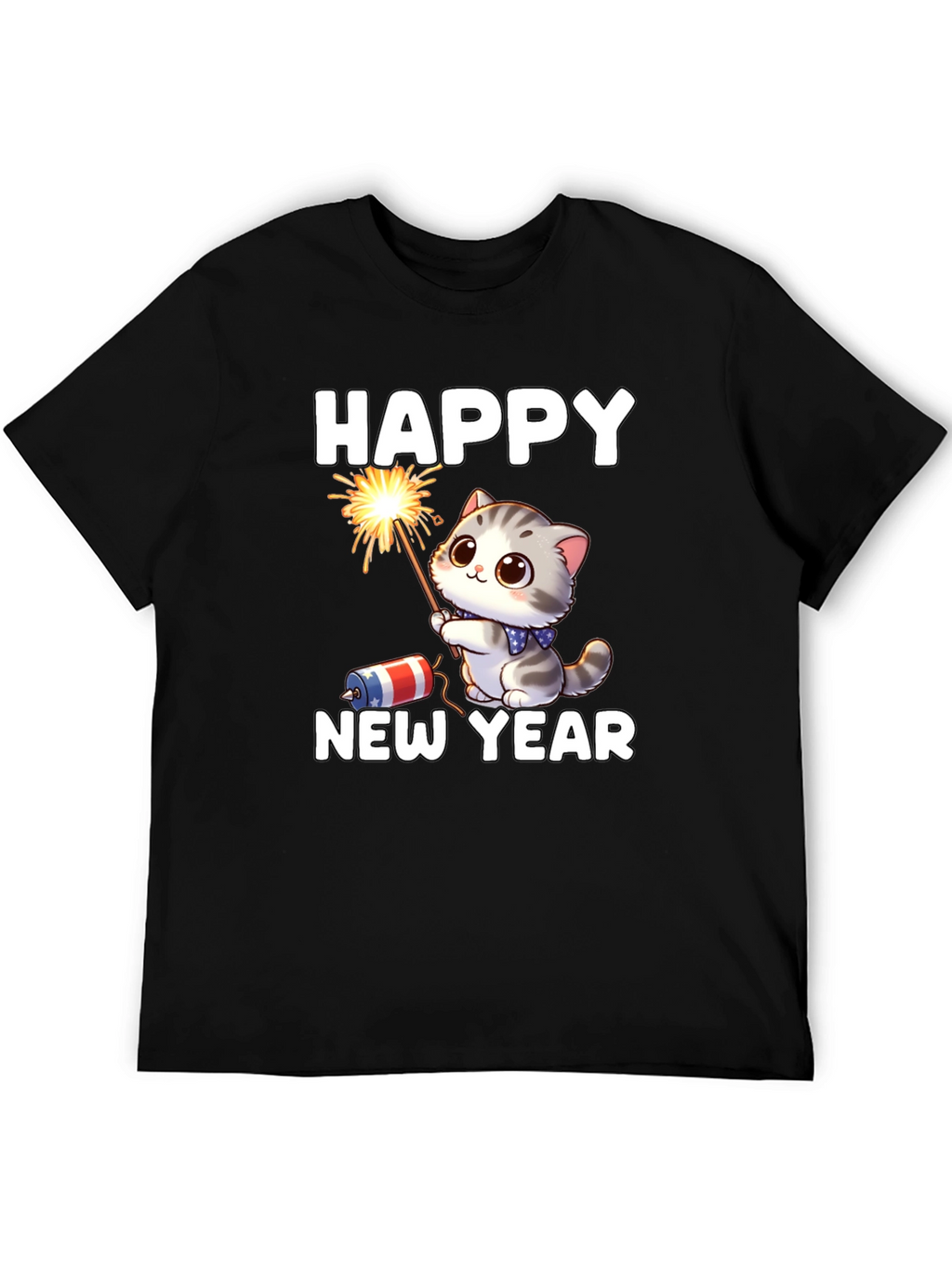 Camiseta Feliz Año Nuevo Gato Fuegos Artificiales
