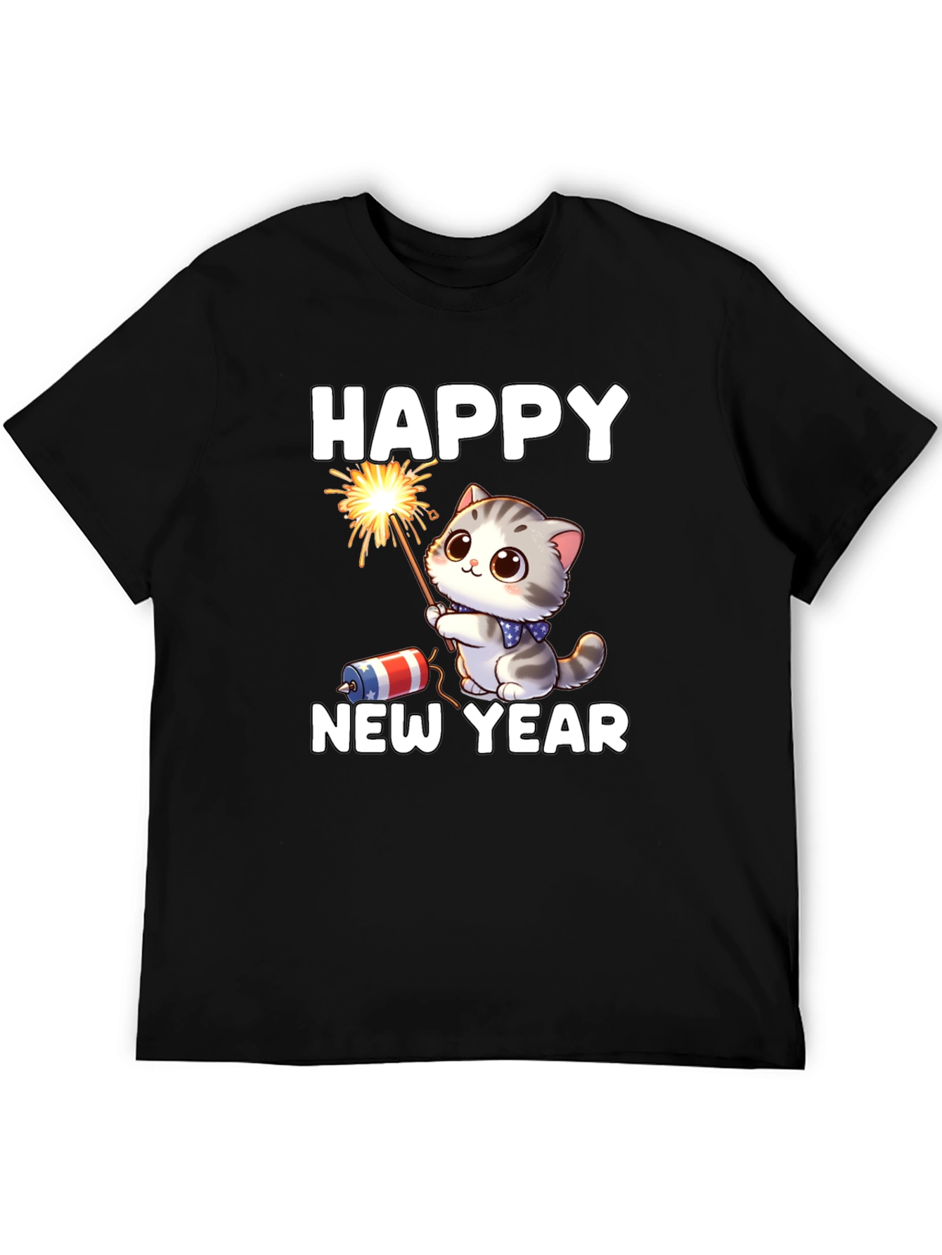 Camiseta Feliz Año Nuevo Gato Fuegos Artificiales