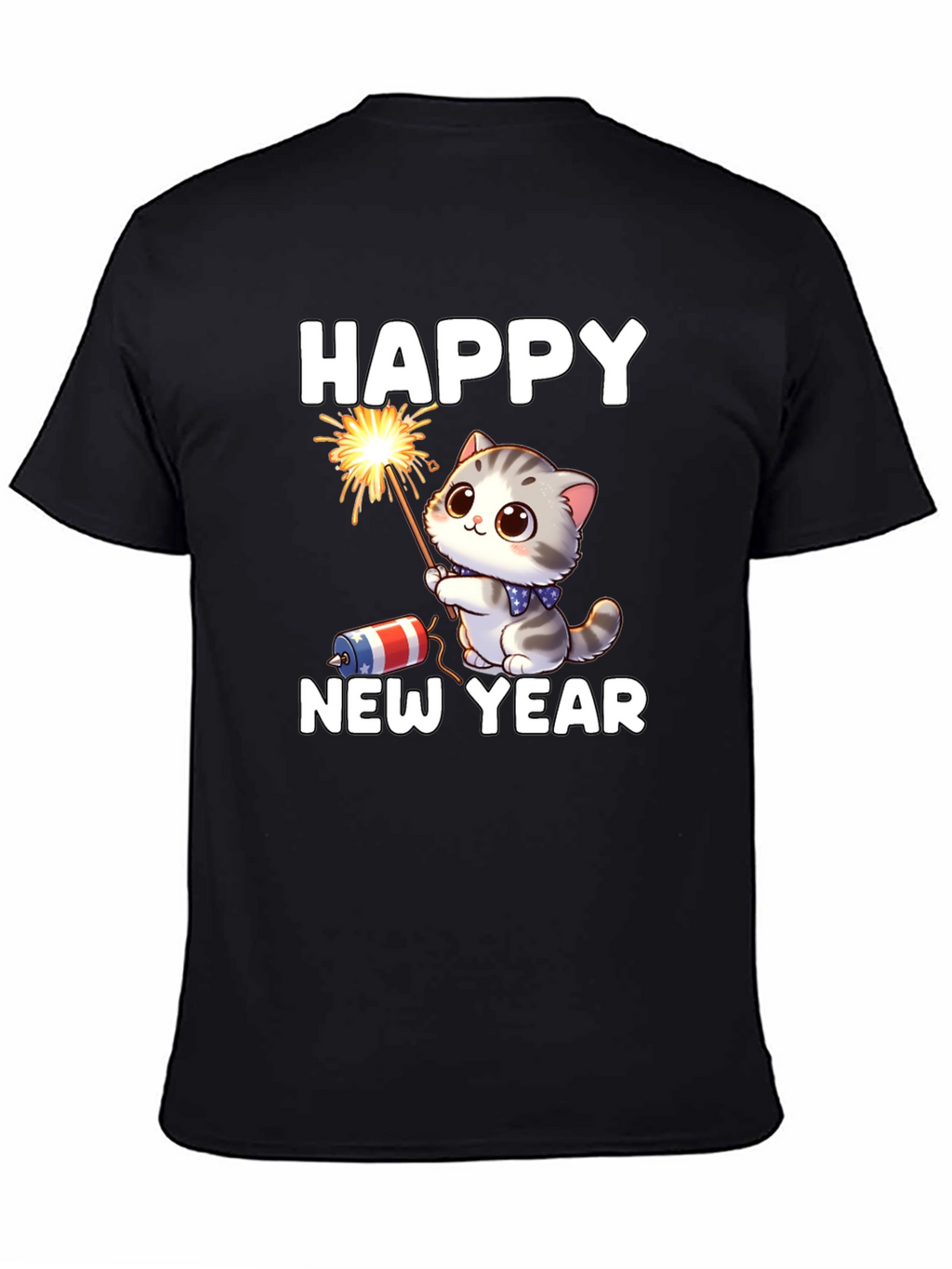 Camiseta Feliz Año Nuevo Gato Fuegos Artificiales