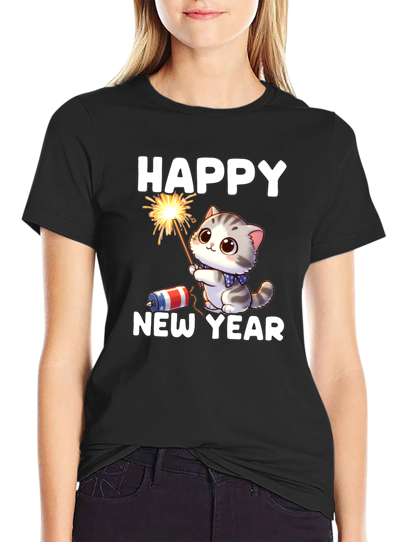 Camiseta Feliz Año Nuevo Gato Fuegos Artificiales