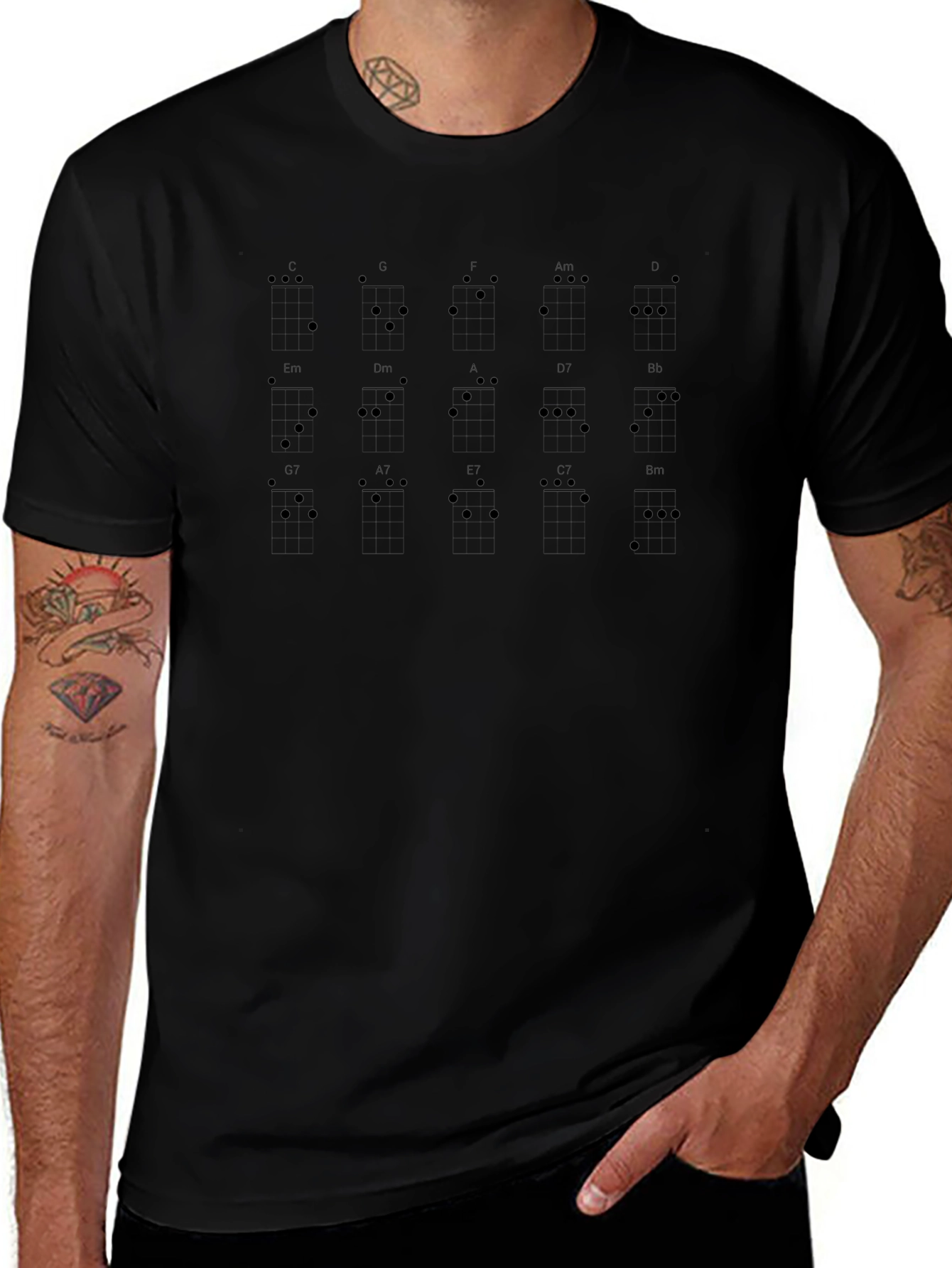 Camiseta Hombre Negra con Acordes de Guitarra