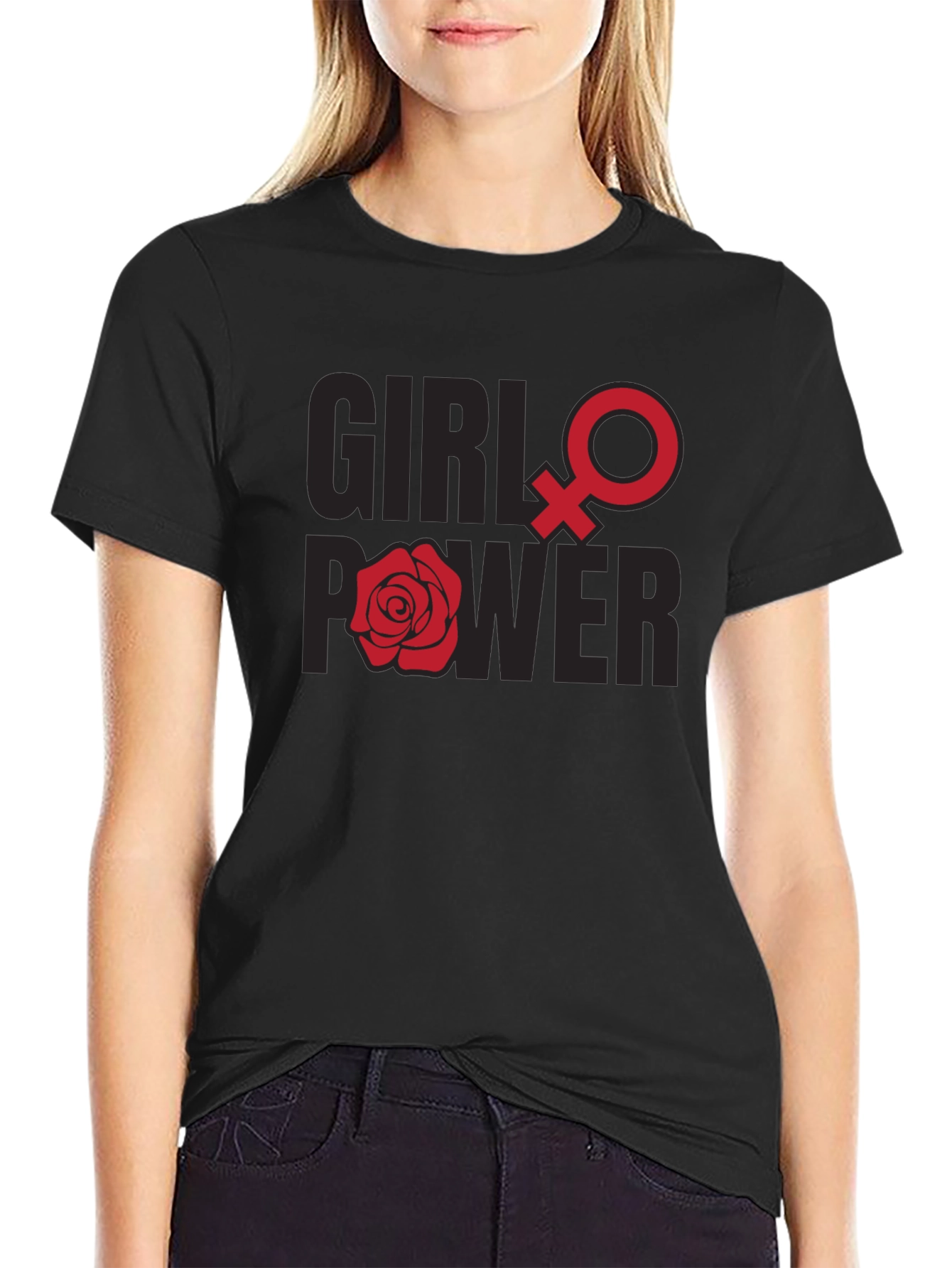 Camiseta Girl Power con Símbolo Femenino y Rosa Roja