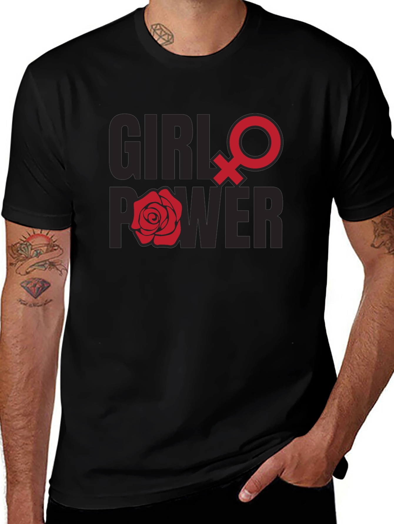 Camiseta Girl Power con Símbolo Femenino y Rosa Roja