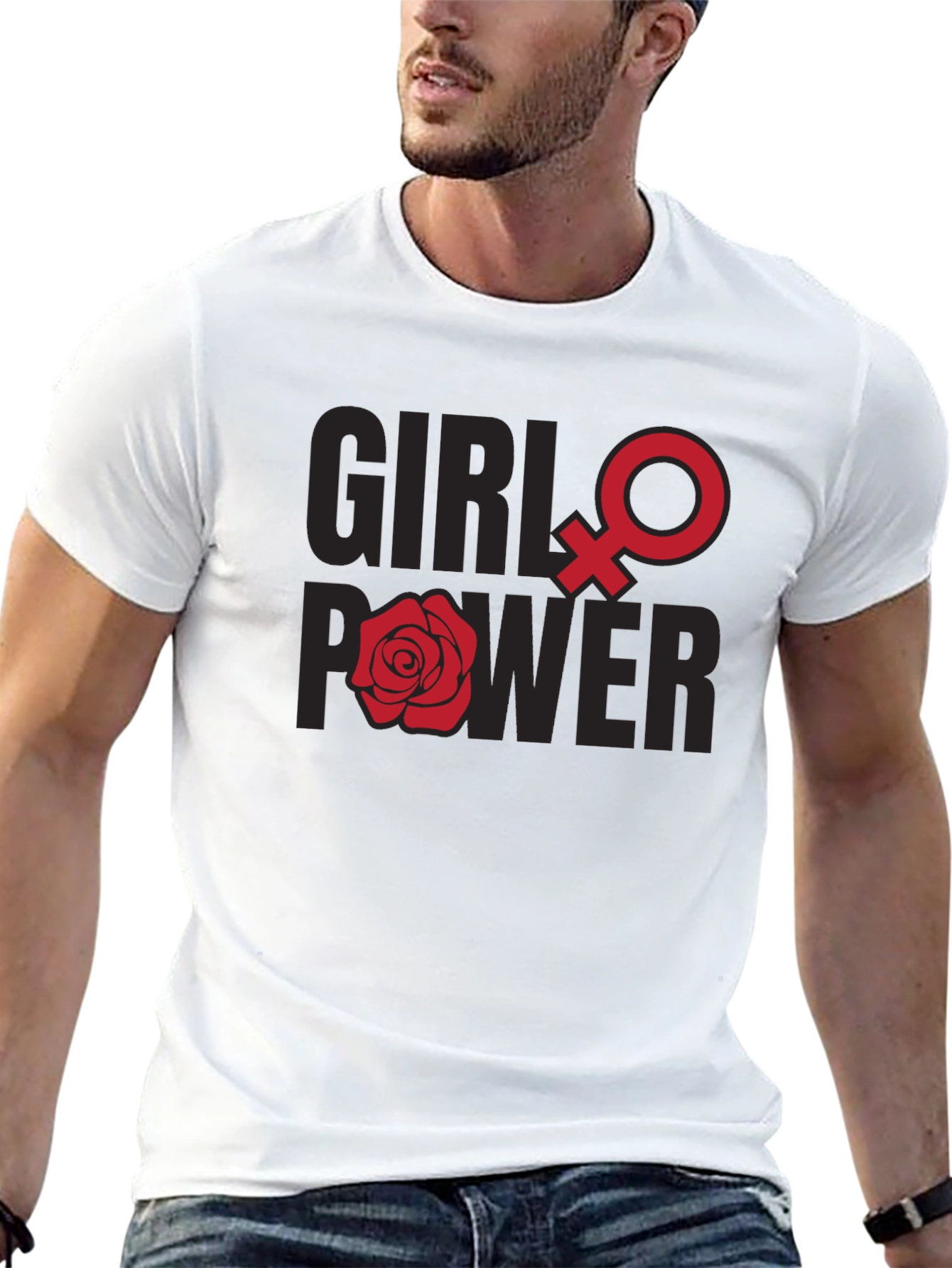 Camiseta Girl Power con Símbolo Femenino y Rosa Roja