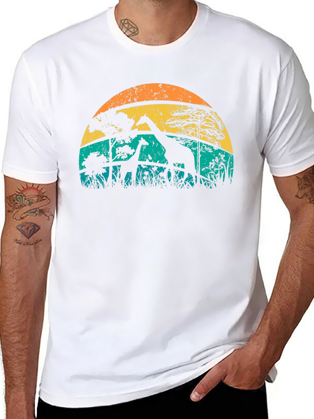 Camiseta con diseño de jirafas al atardecer