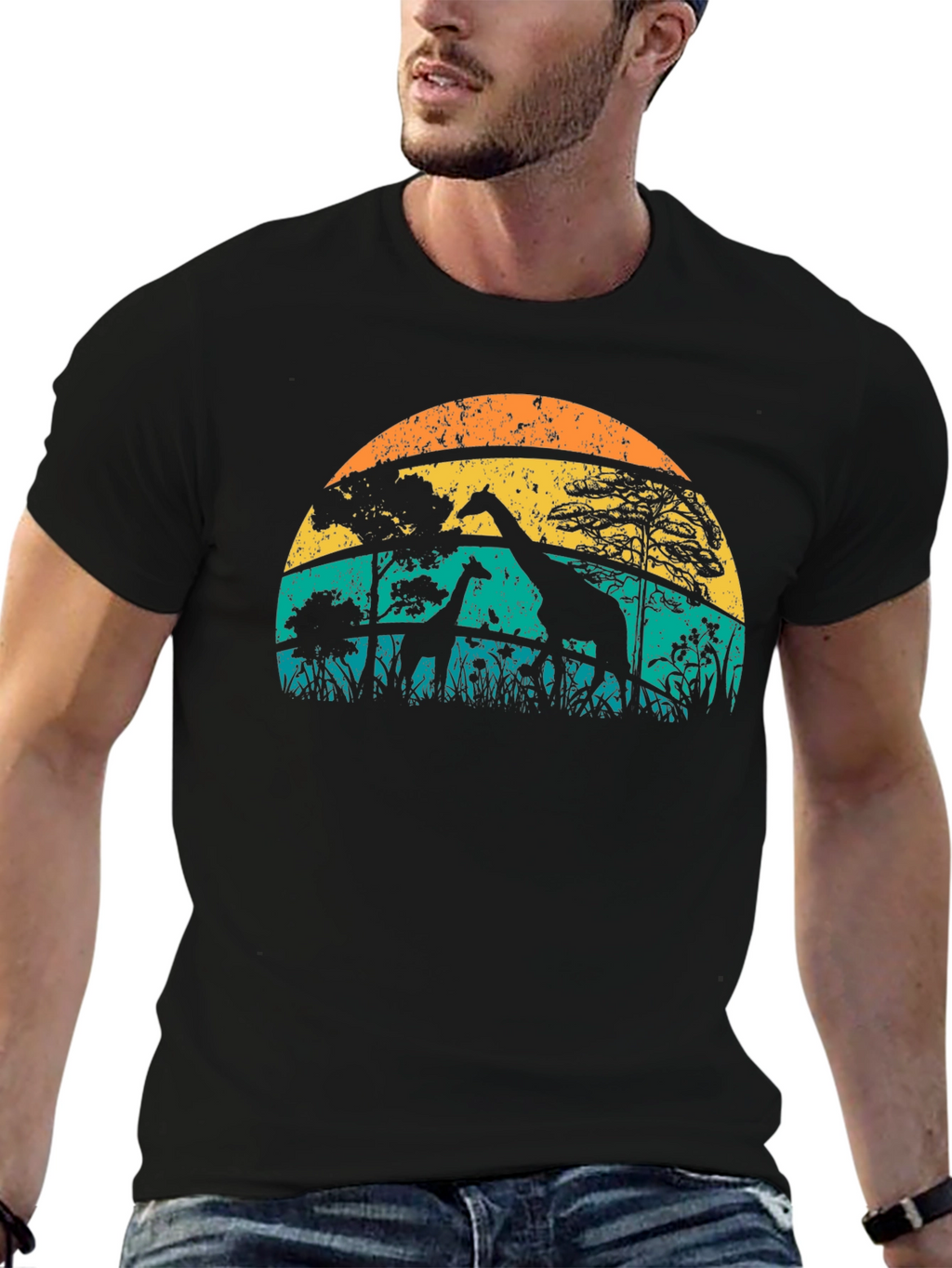 Camiseta con diseño de jirafas al atardecer