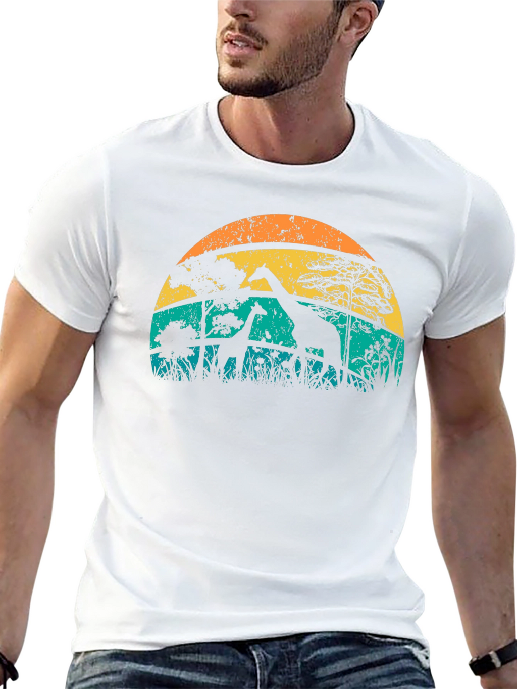 Camiseta con diseño de jirafas al atardecer