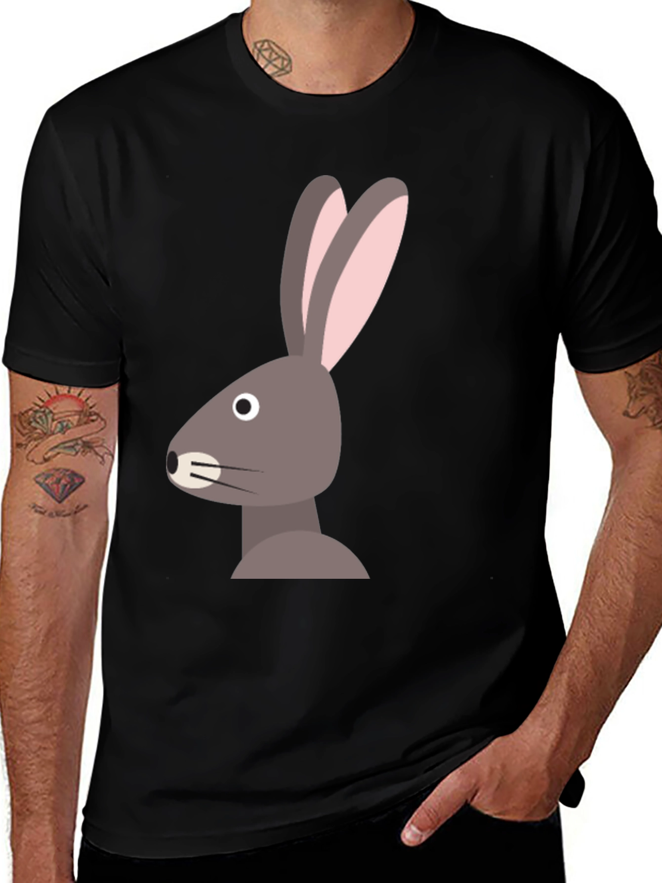 Camiseta Hombre Negra Diseño Conejo Minimalista