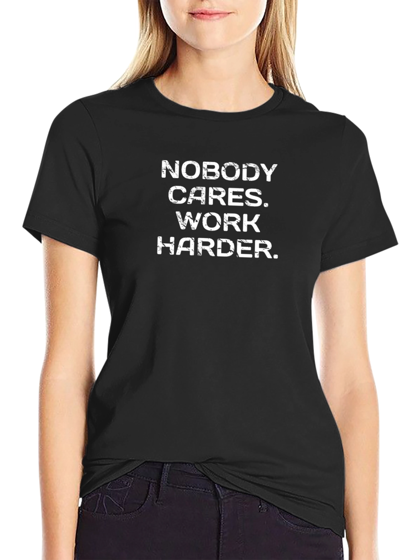 Camiseta Hombre Negra Nadie se Preocupa. Trabaja Más