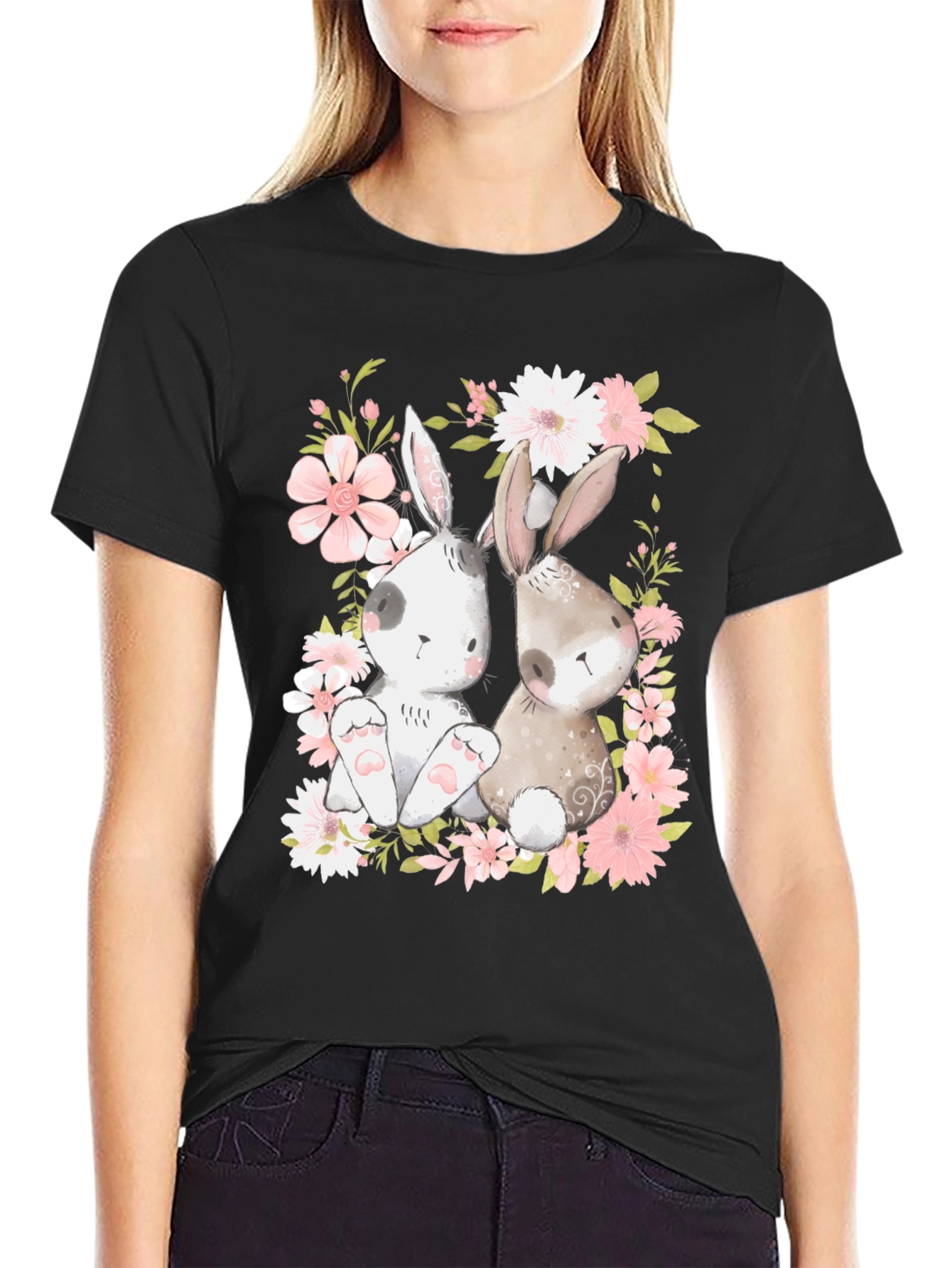 Camiseta con Diseño de Conejos y Flores