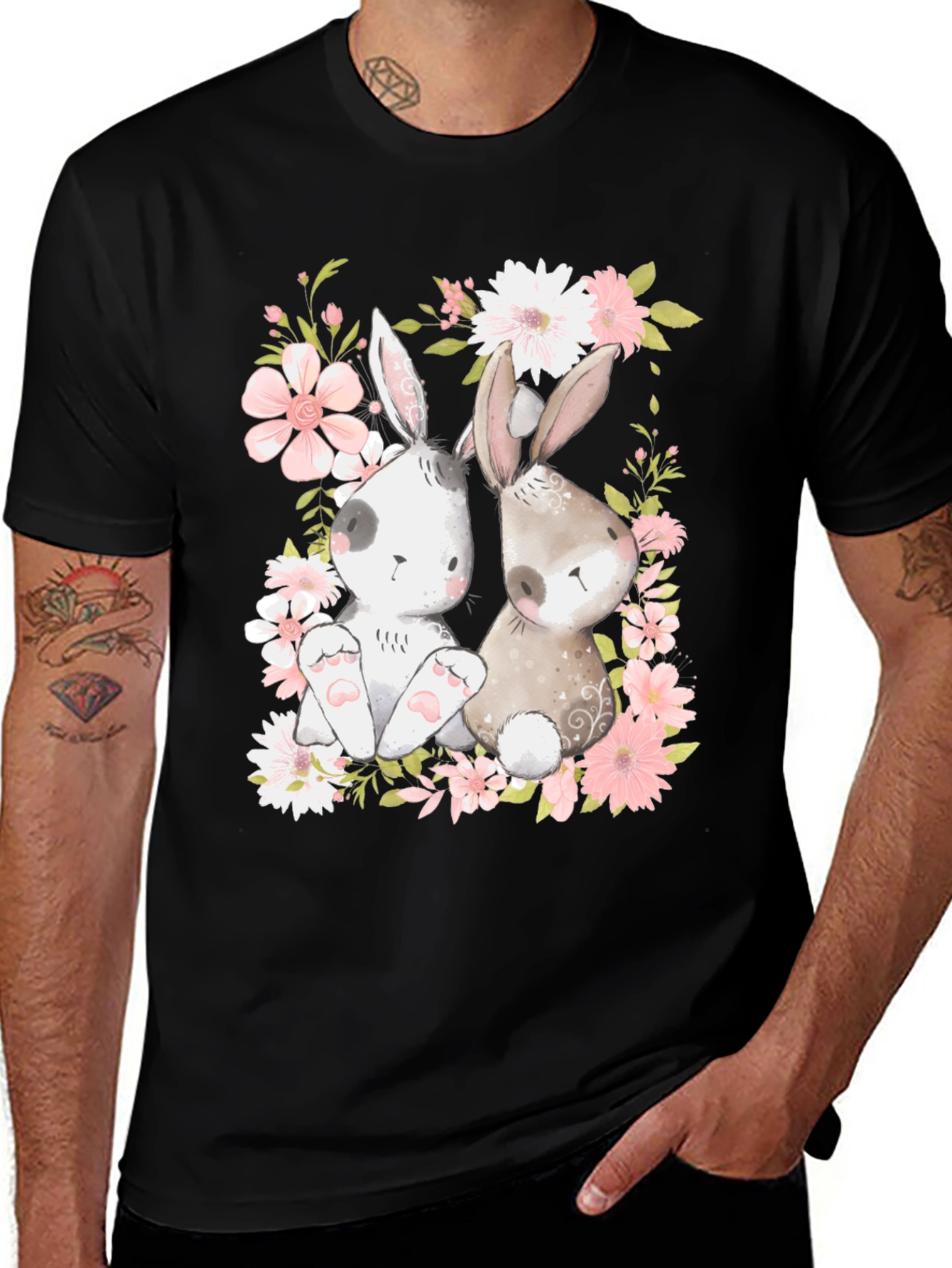 Camiseta con Diseño de Conejos y Flores