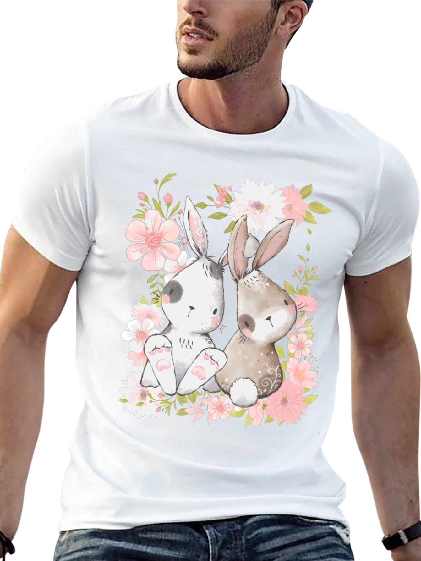 Camiseta con Diseño de Conejos y Flores