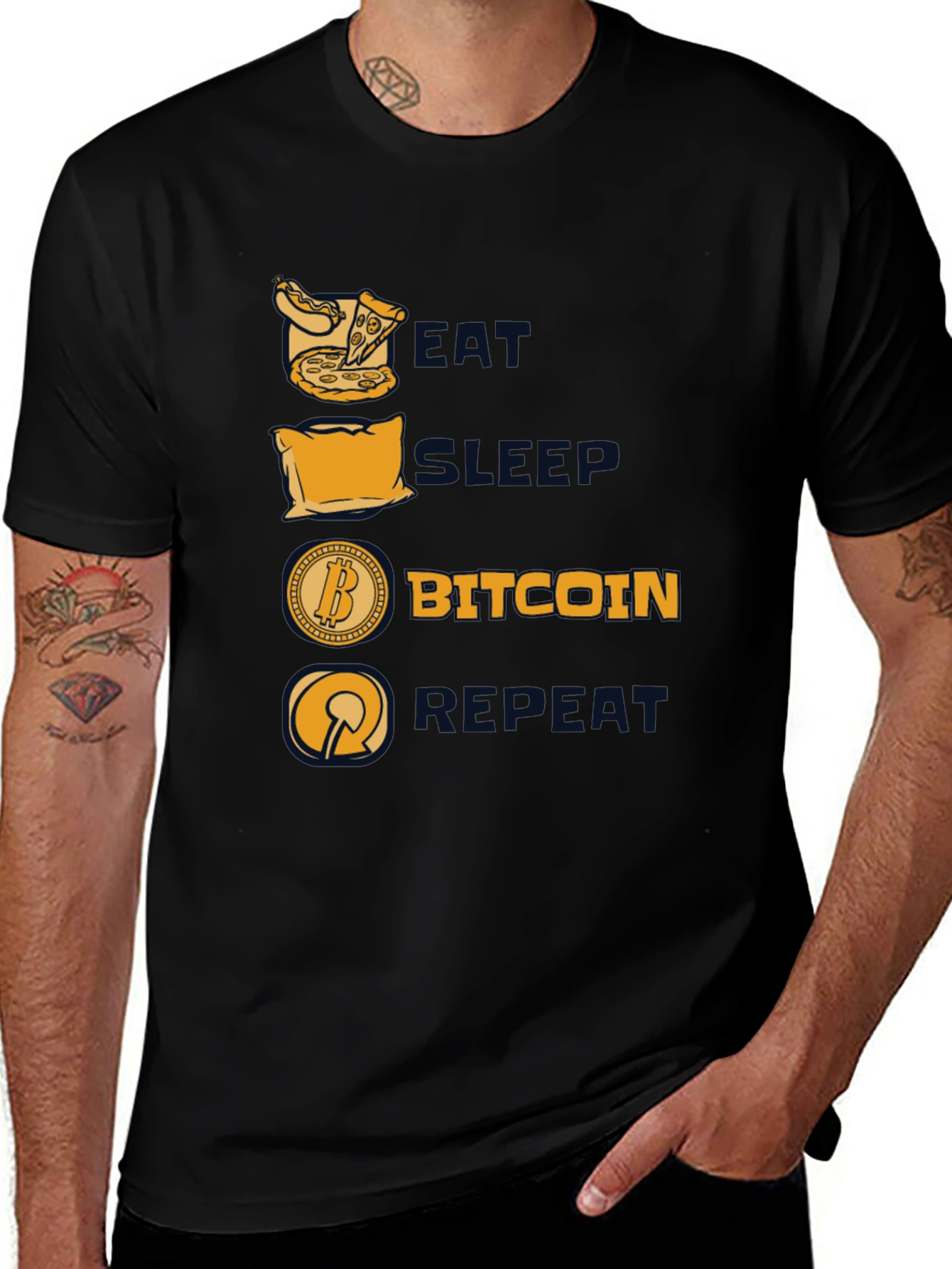 Camiseta Hombre Negra: Come Duerme Bitcoin Repite