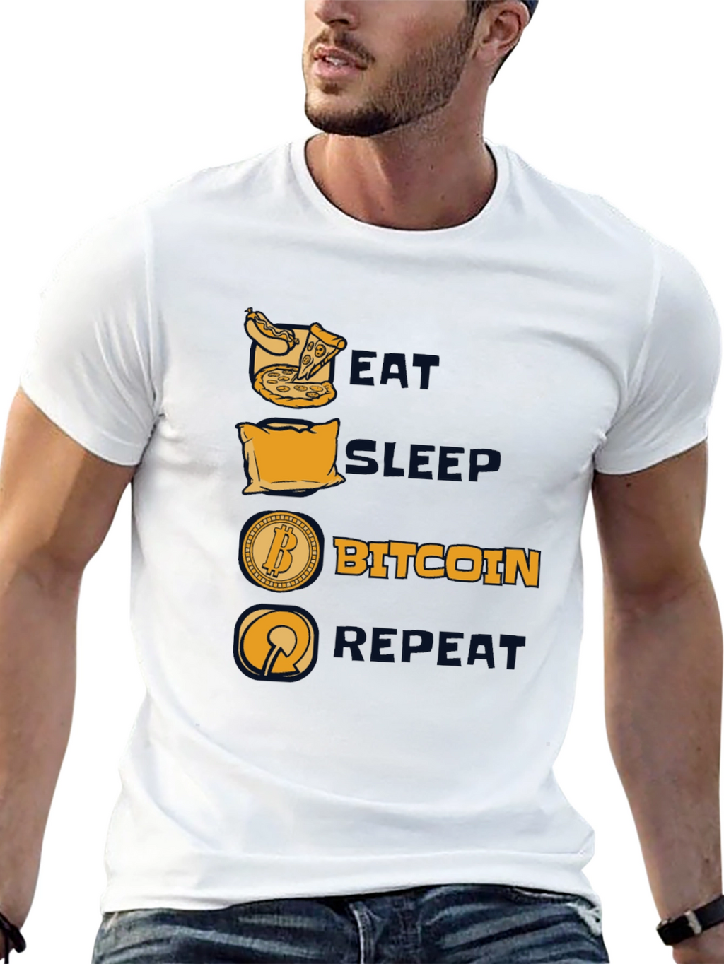 Camiseta Hombre Negra: Come Duerme Bitcoin Repite