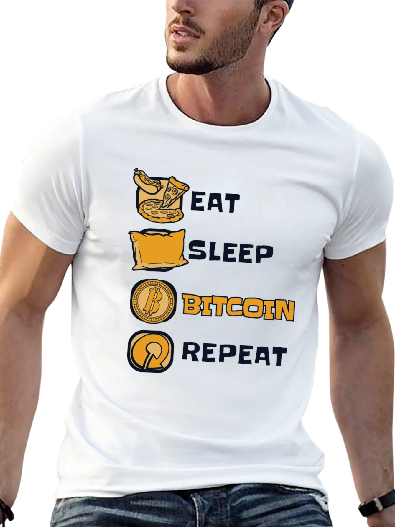 Camiseta Hombre Negra: Come Duerme Bitcoin Repite