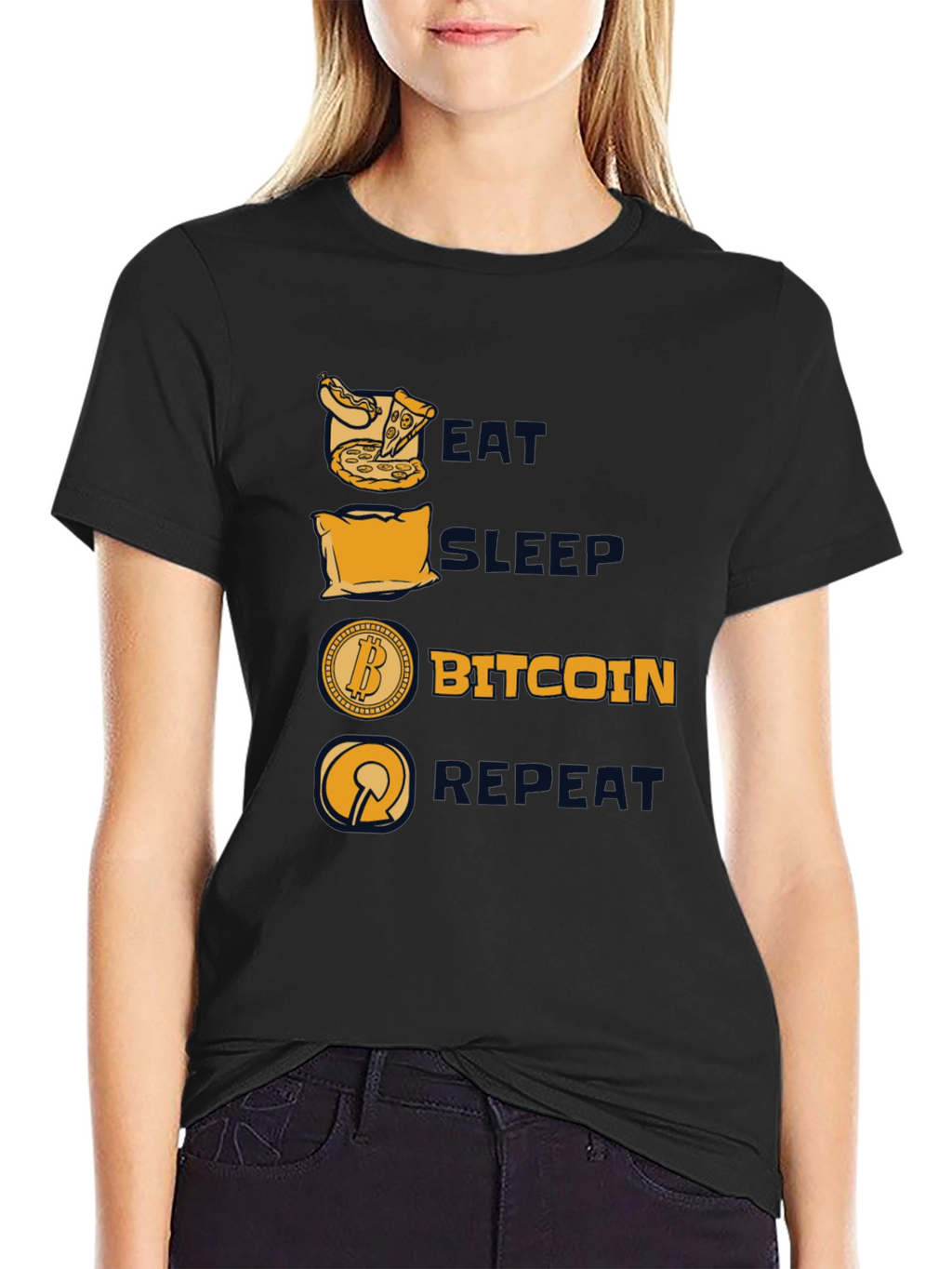 Camiseta Hombre Negra: Come Duerme Bitcoin Repite