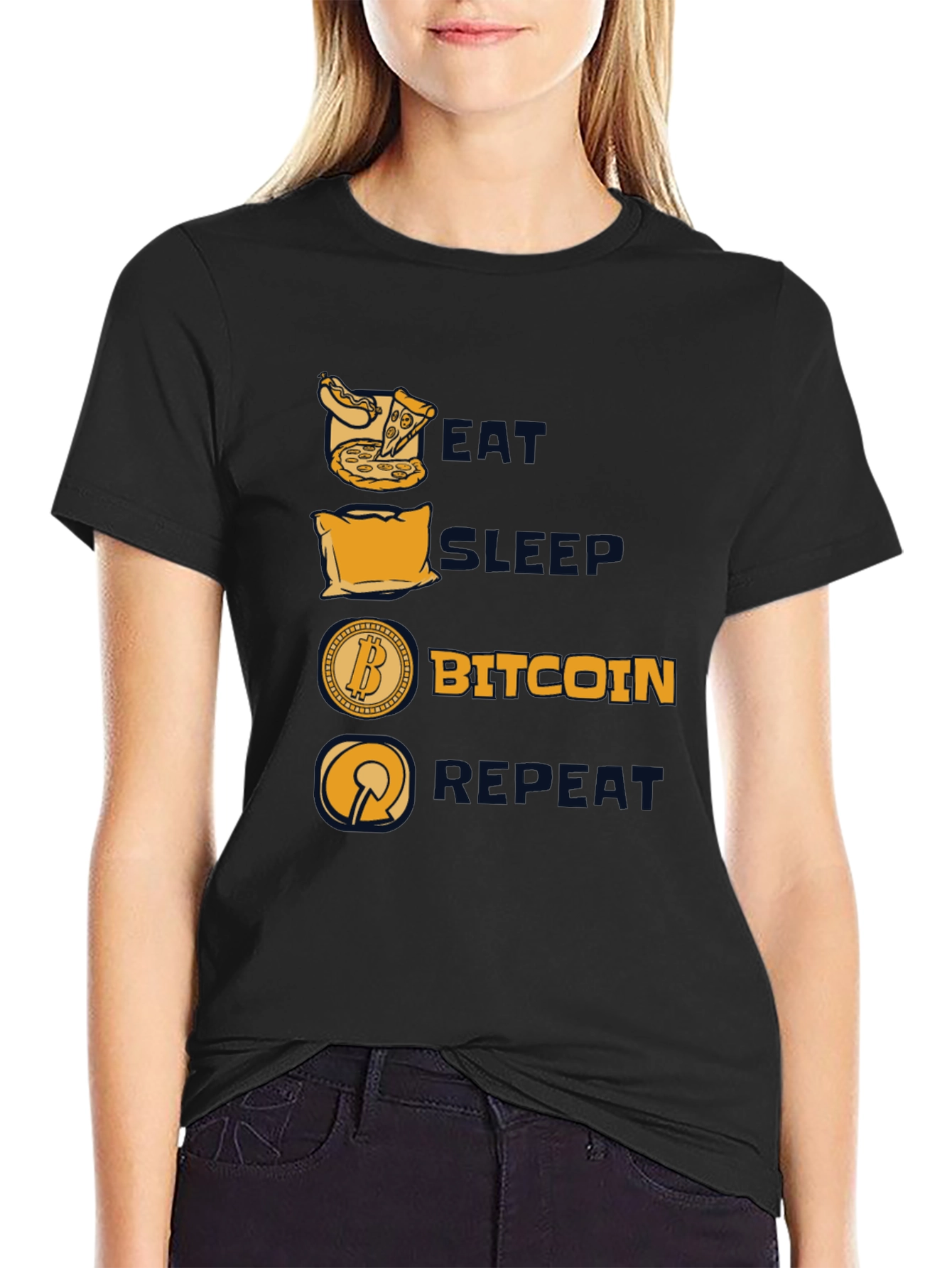 Camiseta Hombre Negra: Come Duerme Bitcoin Repite