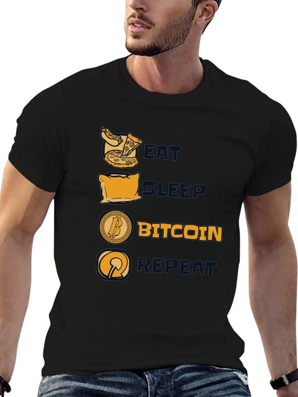 Camiseta Hombre Negra: Come Duerme Bitcoin Repite