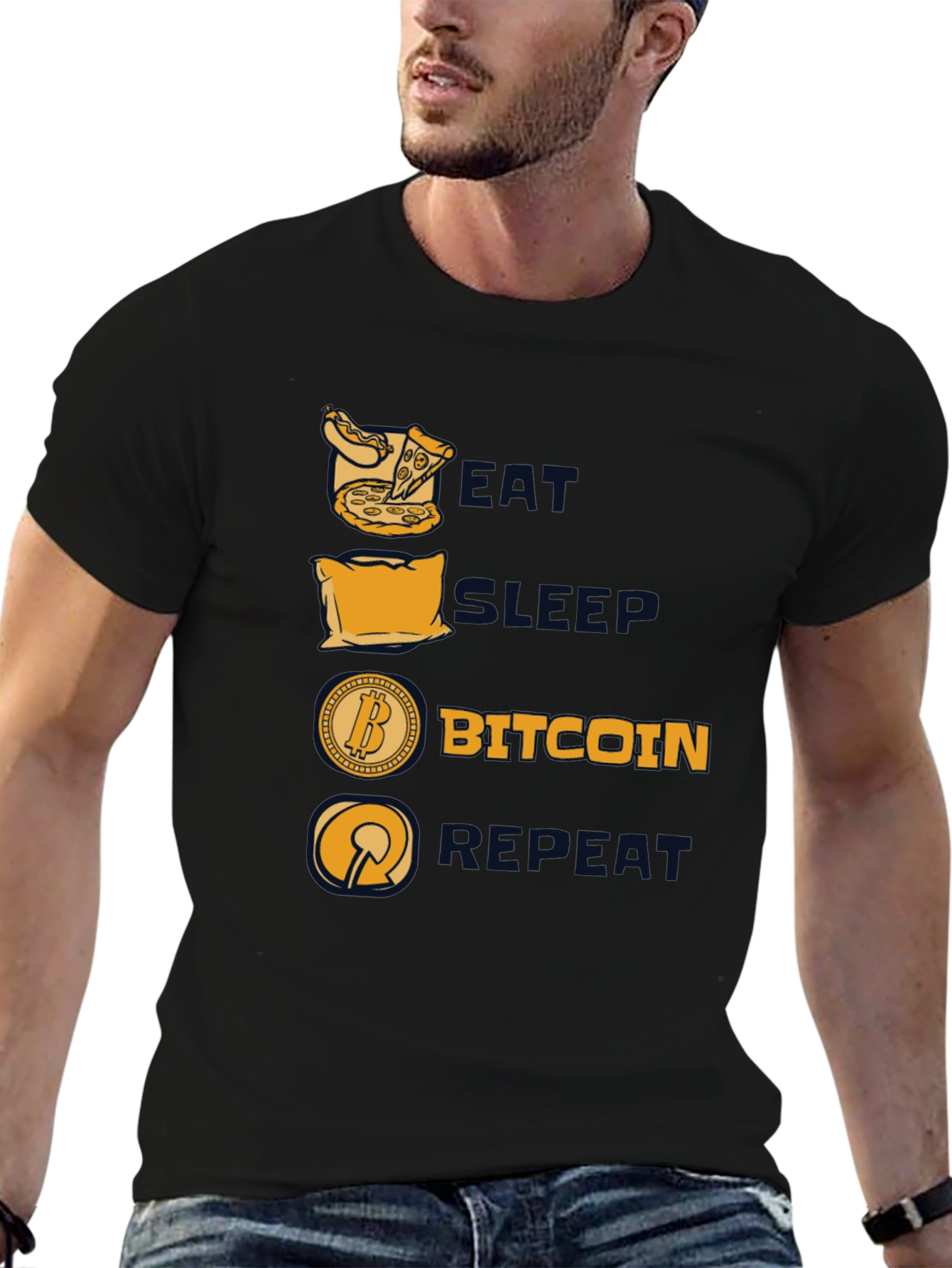 Camiseta Hombre Negra: Come Duerme Bitcoin Repite