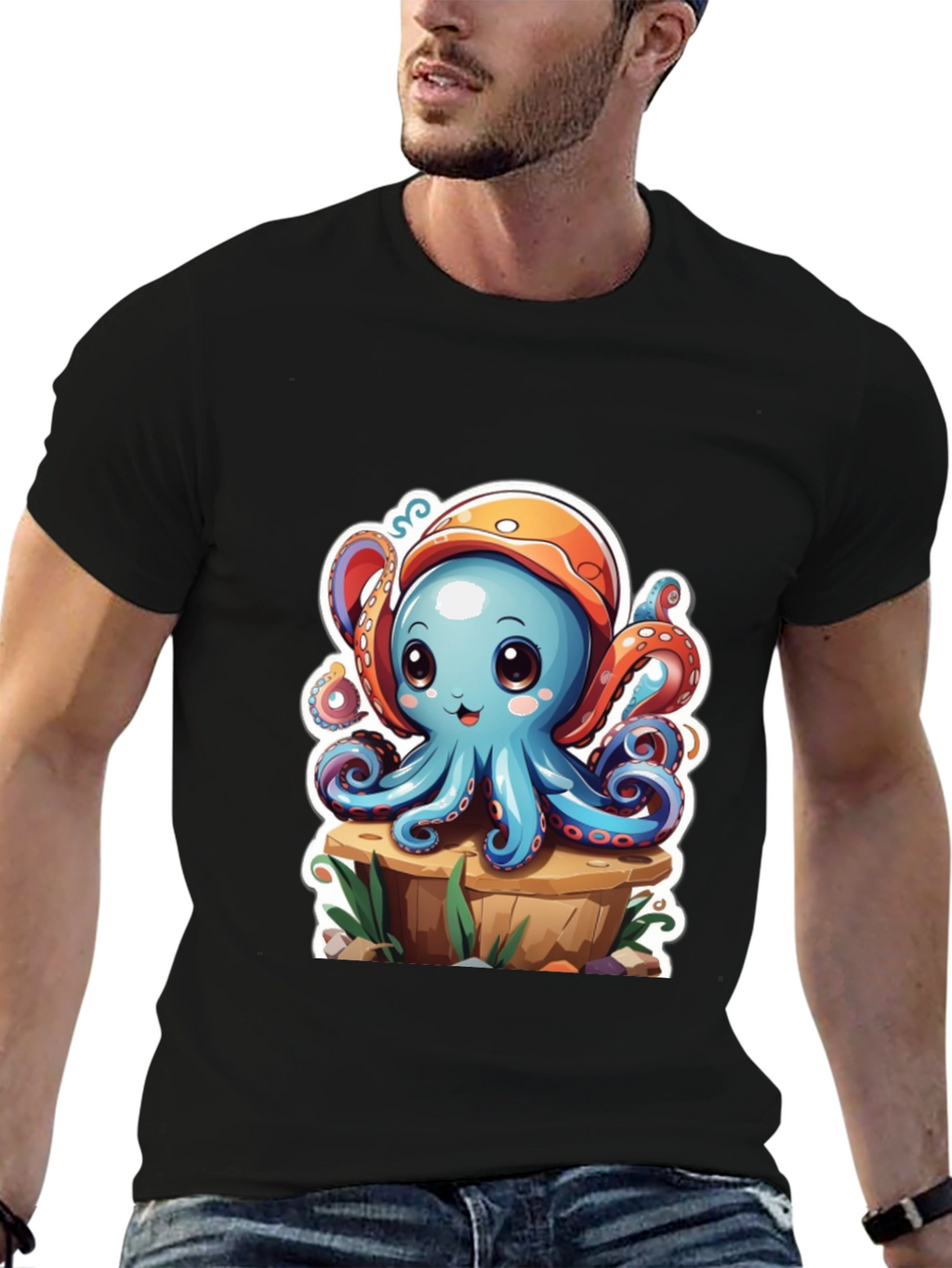 Camiseta Hombre con Estampado de Pulpo Caricatura
