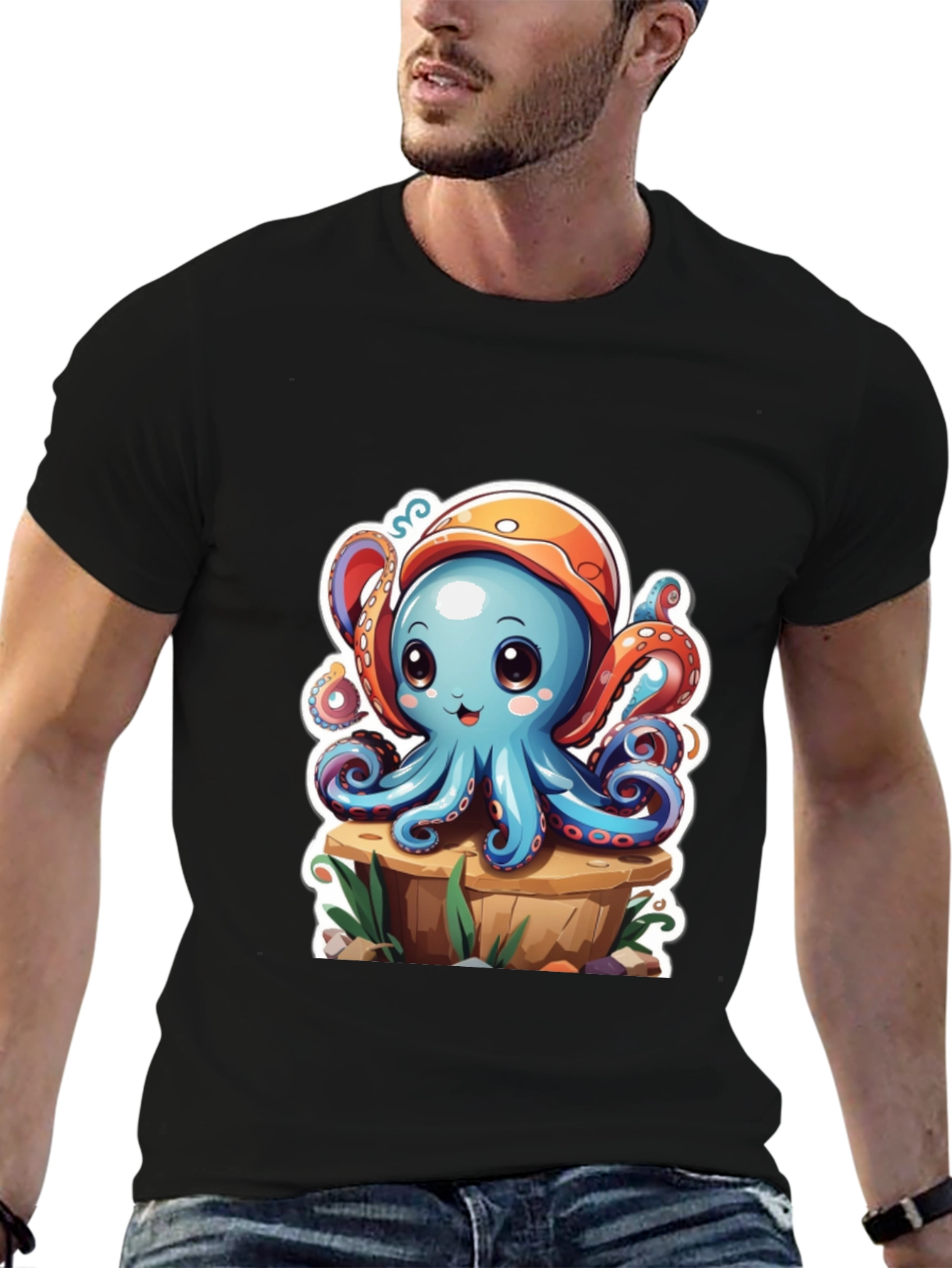 Camiseta Hombre con Estampado de Pulpo Caricatura