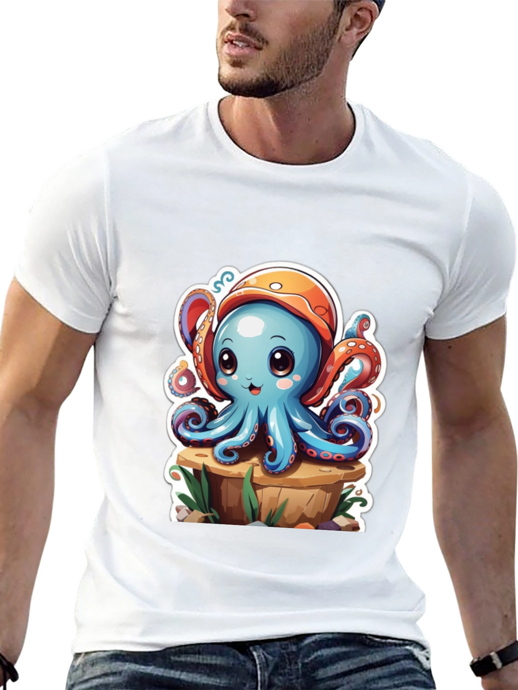 Camiseta Hombre con Estampado de Pulpo Caricatura