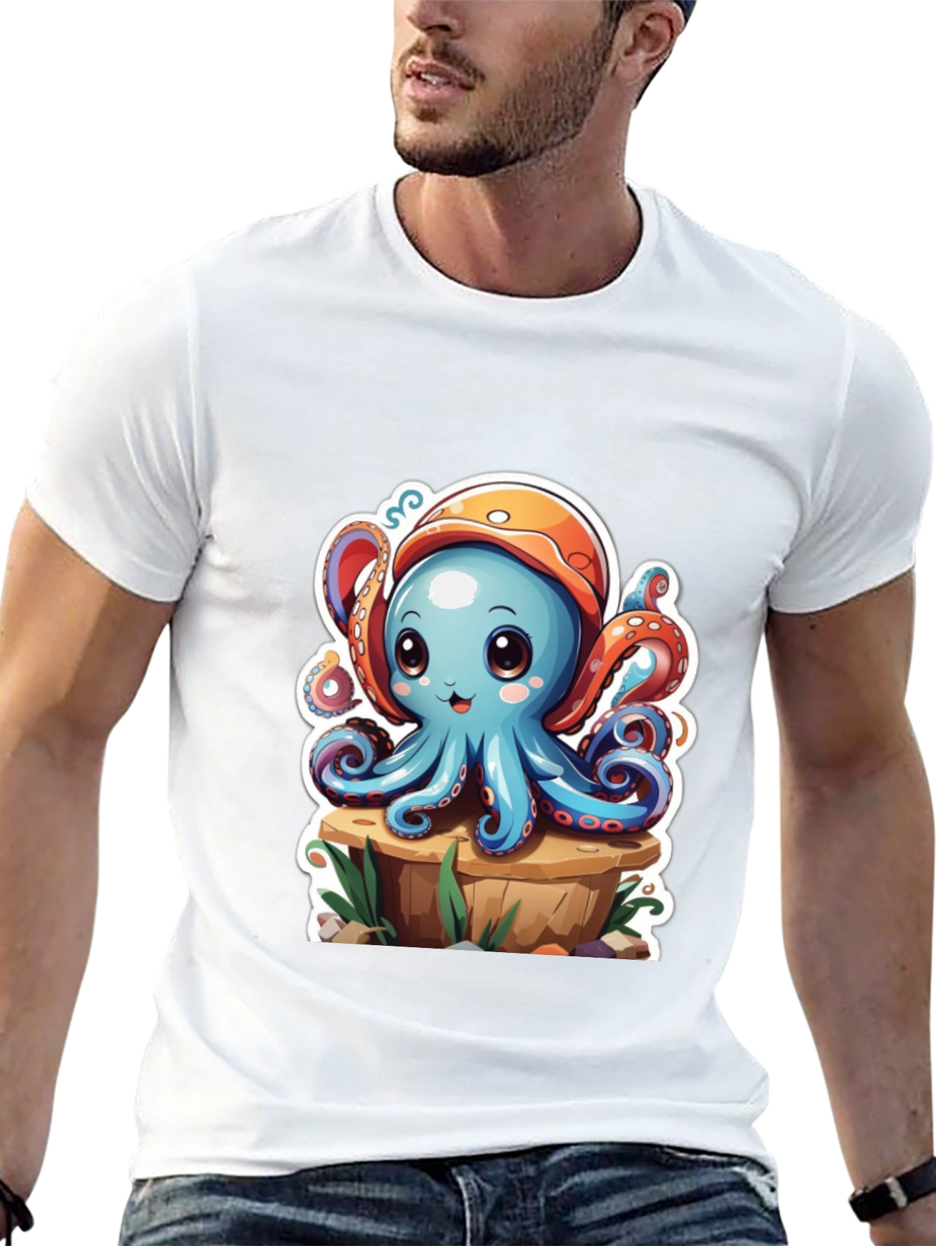 Camiseta Hombre con Estampado de Pulpo Caricatura