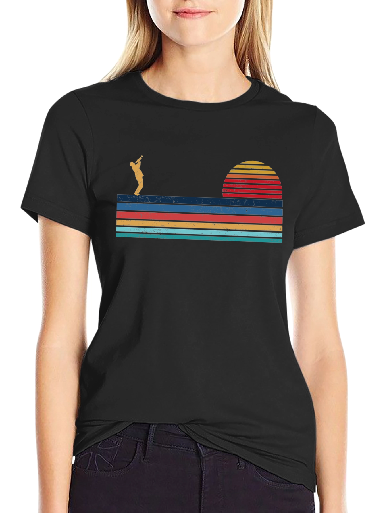 Camiseta Hombre Diseño Retro Atardecer Saxofonista