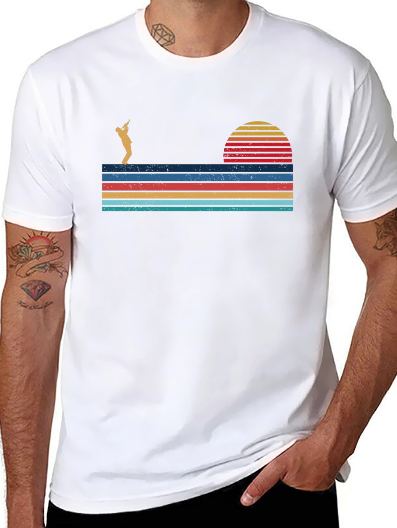 Camiseta Hombre Diseño Retro Atardecer Saxofonista