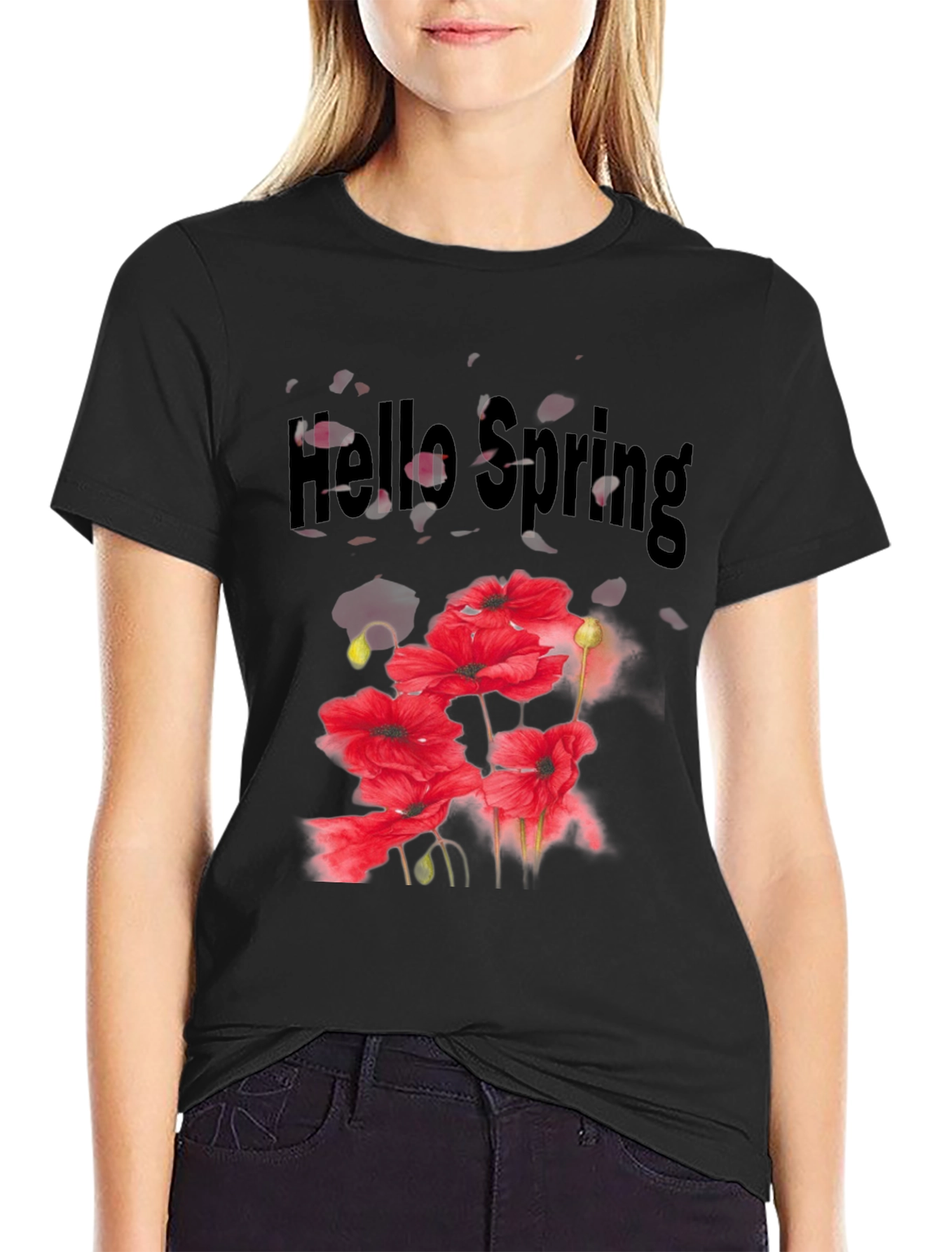 Camiseta Hombre Negra con Diseño Floral Hola Primavera