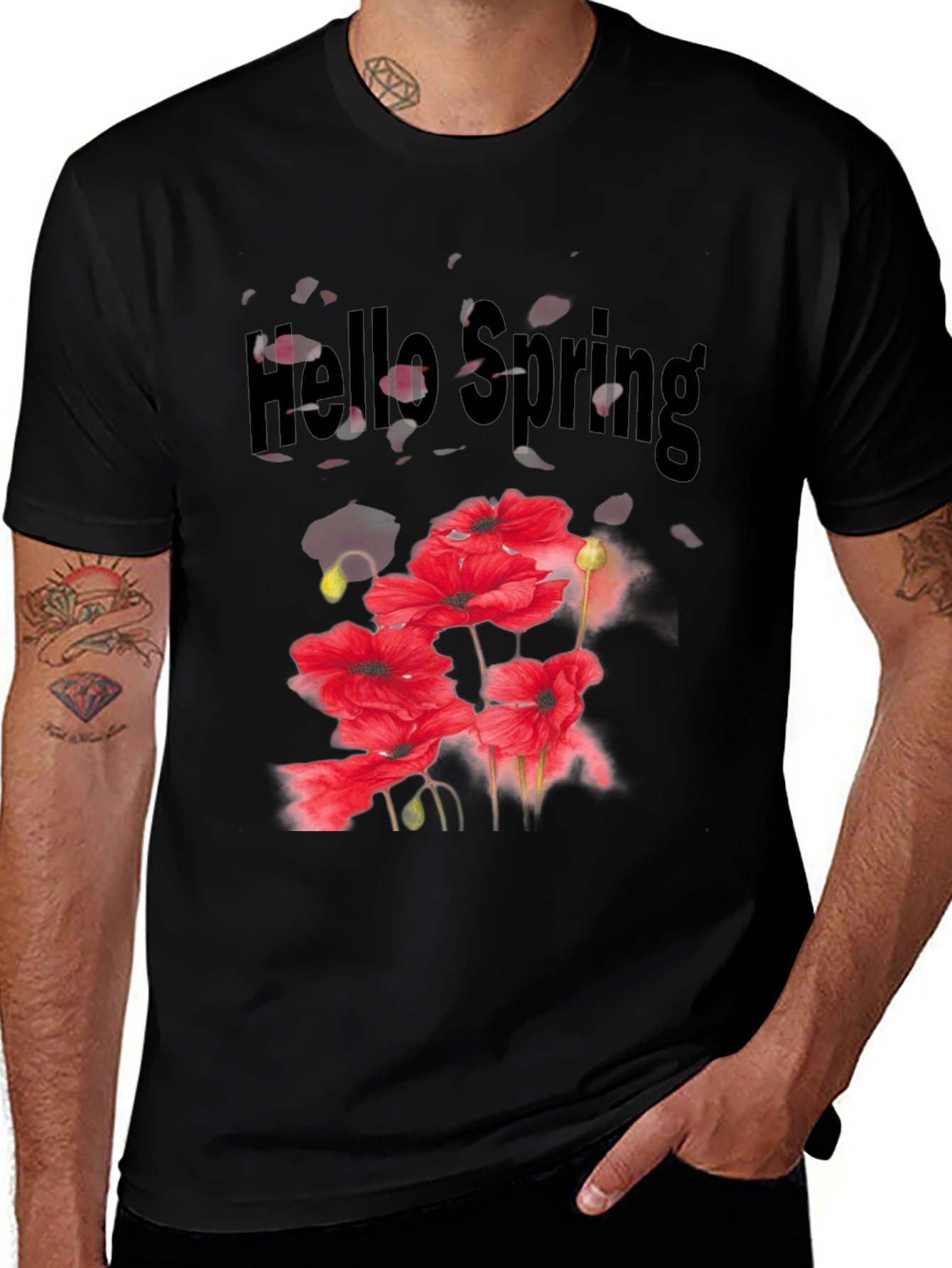 Camiseta Hombre Negra con Diseño Floral Hola Primavera