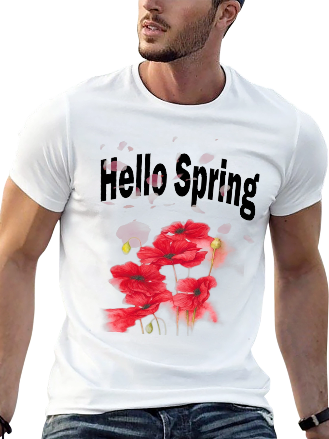 Camiseta Hombre Negra con Diseño Floral Hola Primavera
