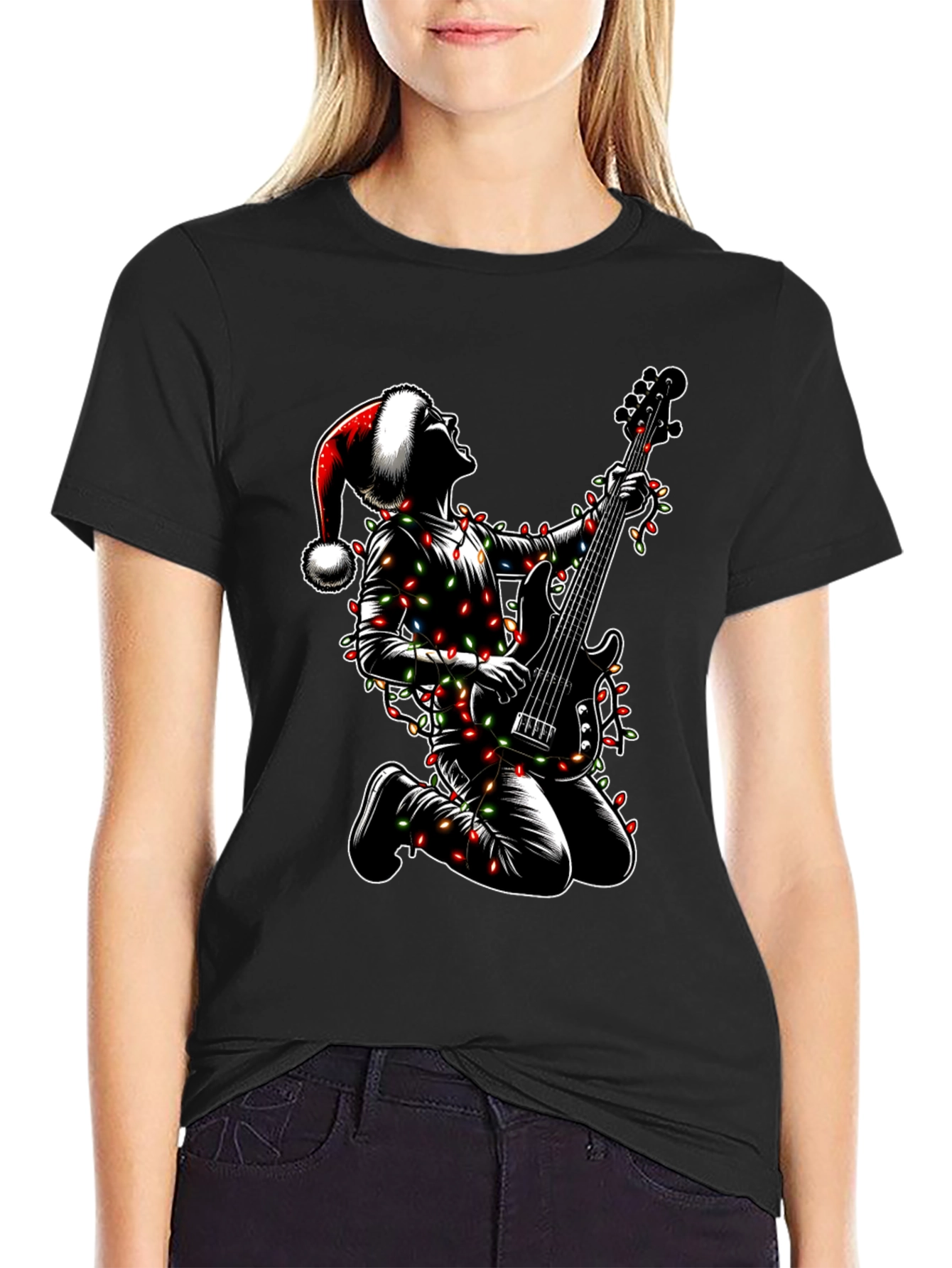 Camiseta Hombre Navidad Rockero Guitarra Luces