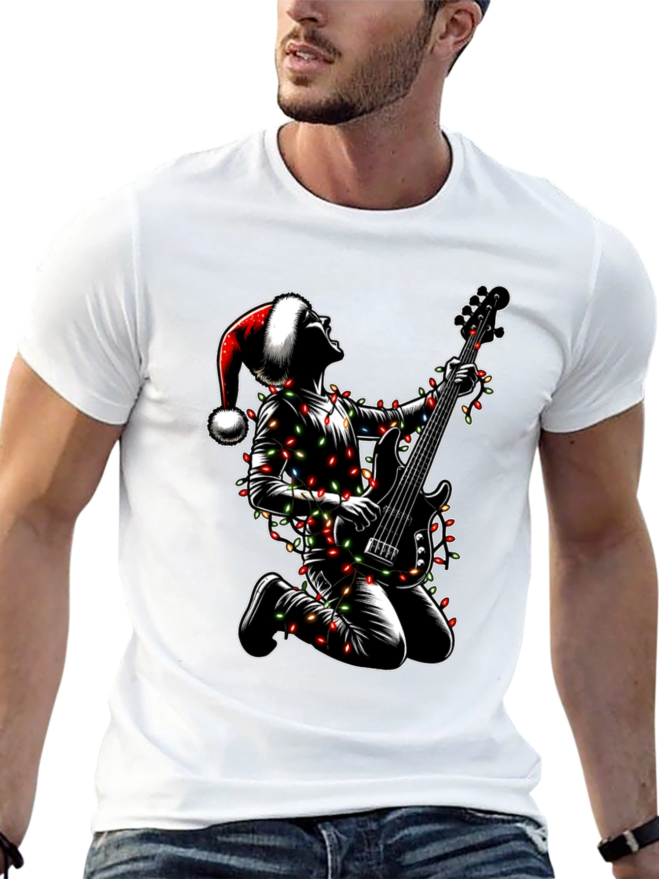 Camiseta Hombre Navidad Rockero Guitarra Luces