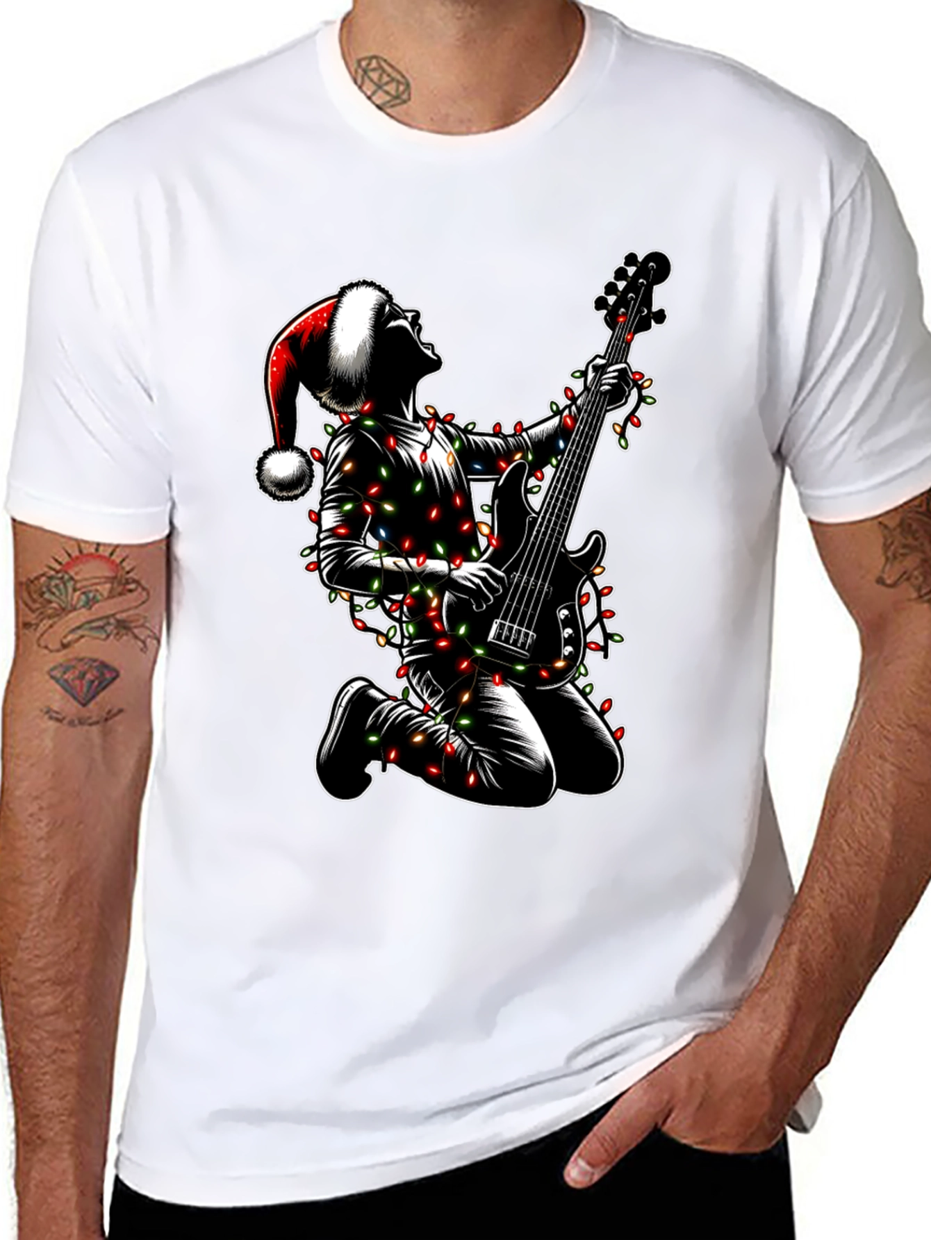 Camiseta Hombre Navidad Rockero Guitarra Luces