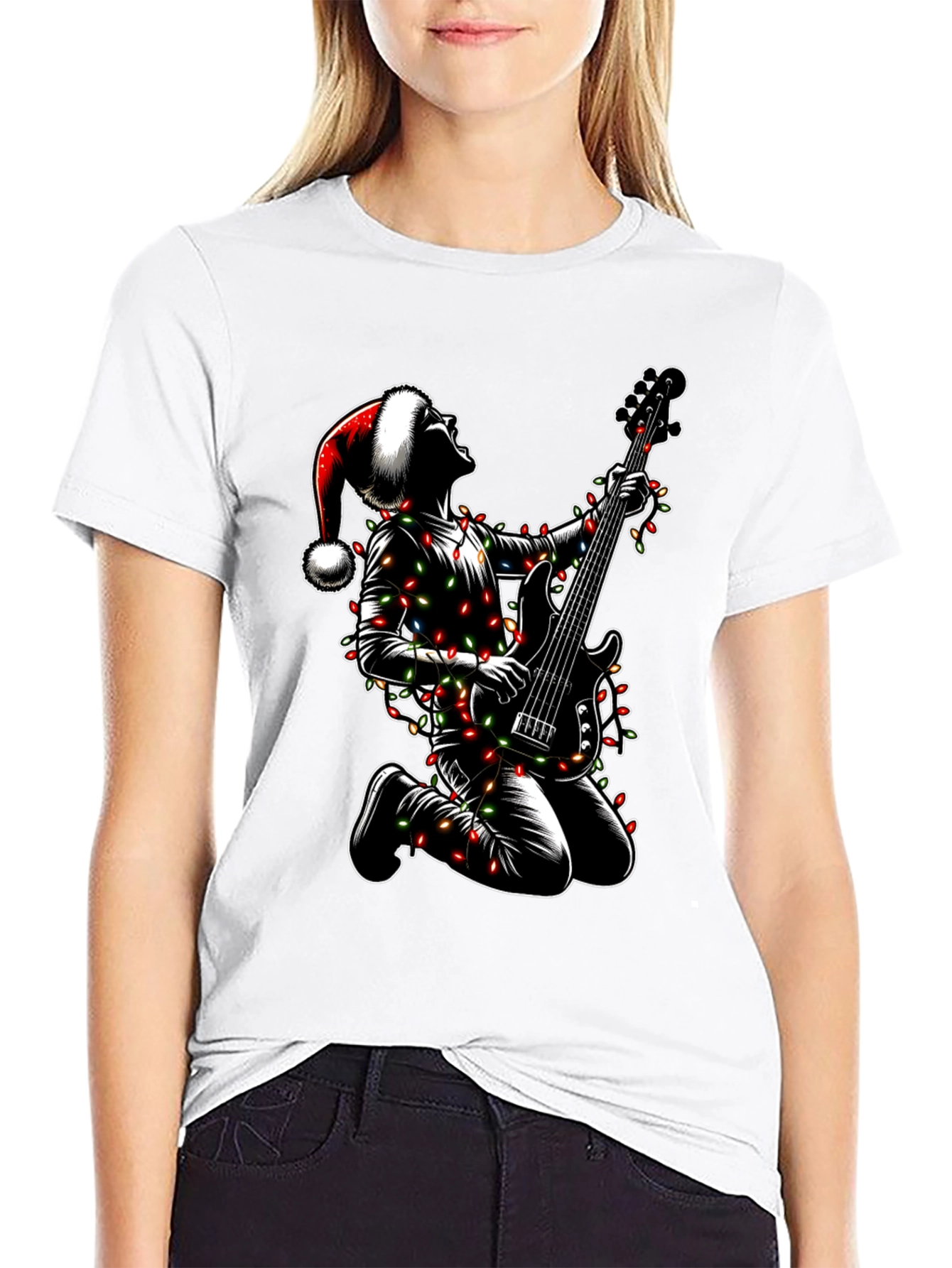 Camiseta Hombre Navidad Rockero Guitarra Luces