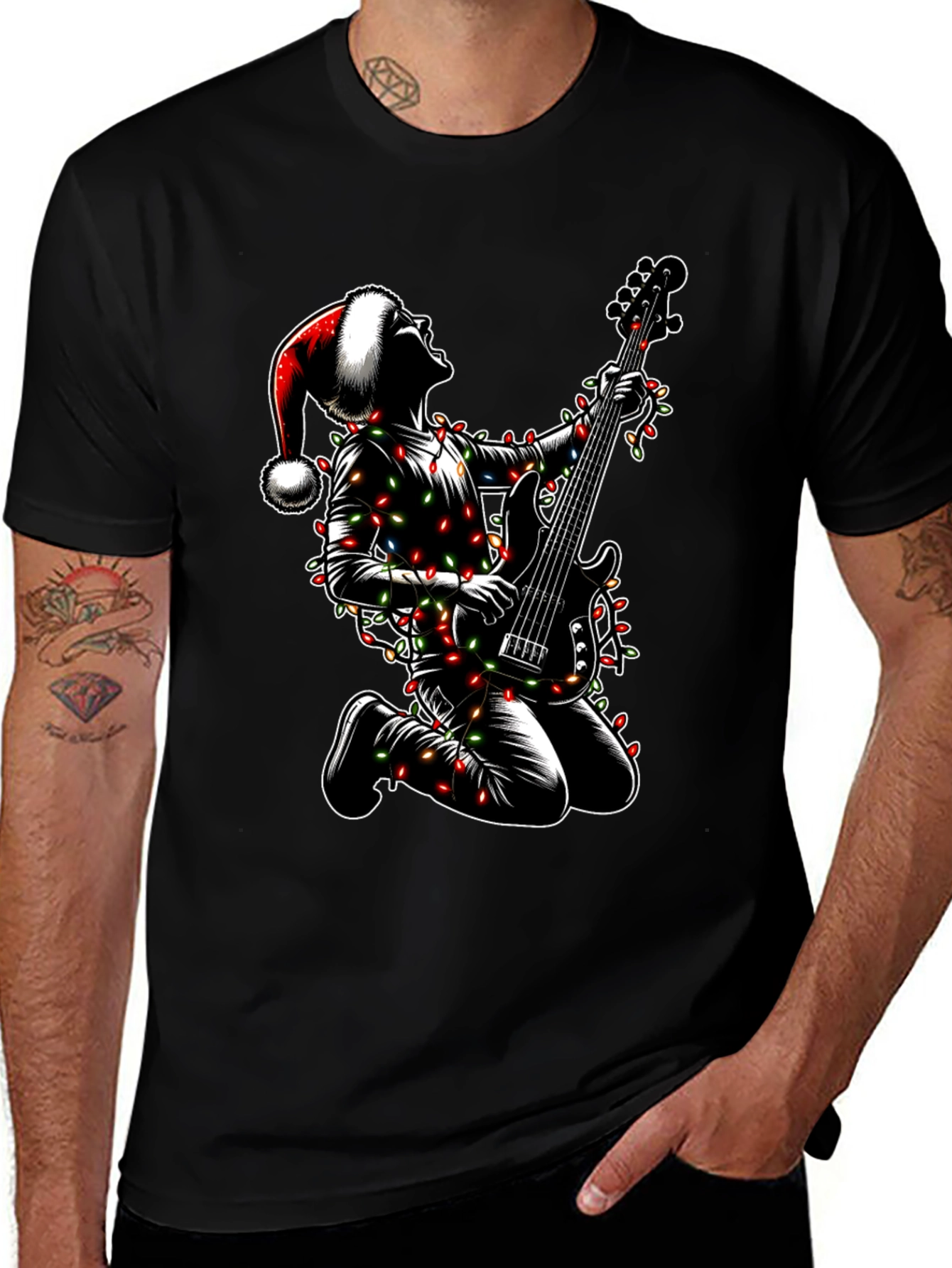 Camiseta Hombre Navidad Rockero Guitarra Luces