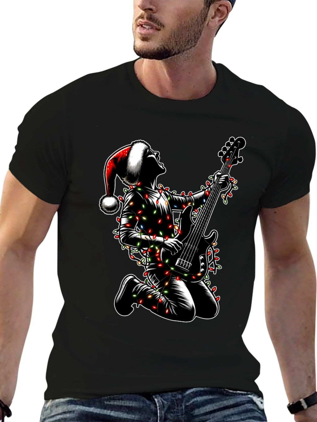 Camiseta Hombre Navidad Rockero Guitarra Luces
