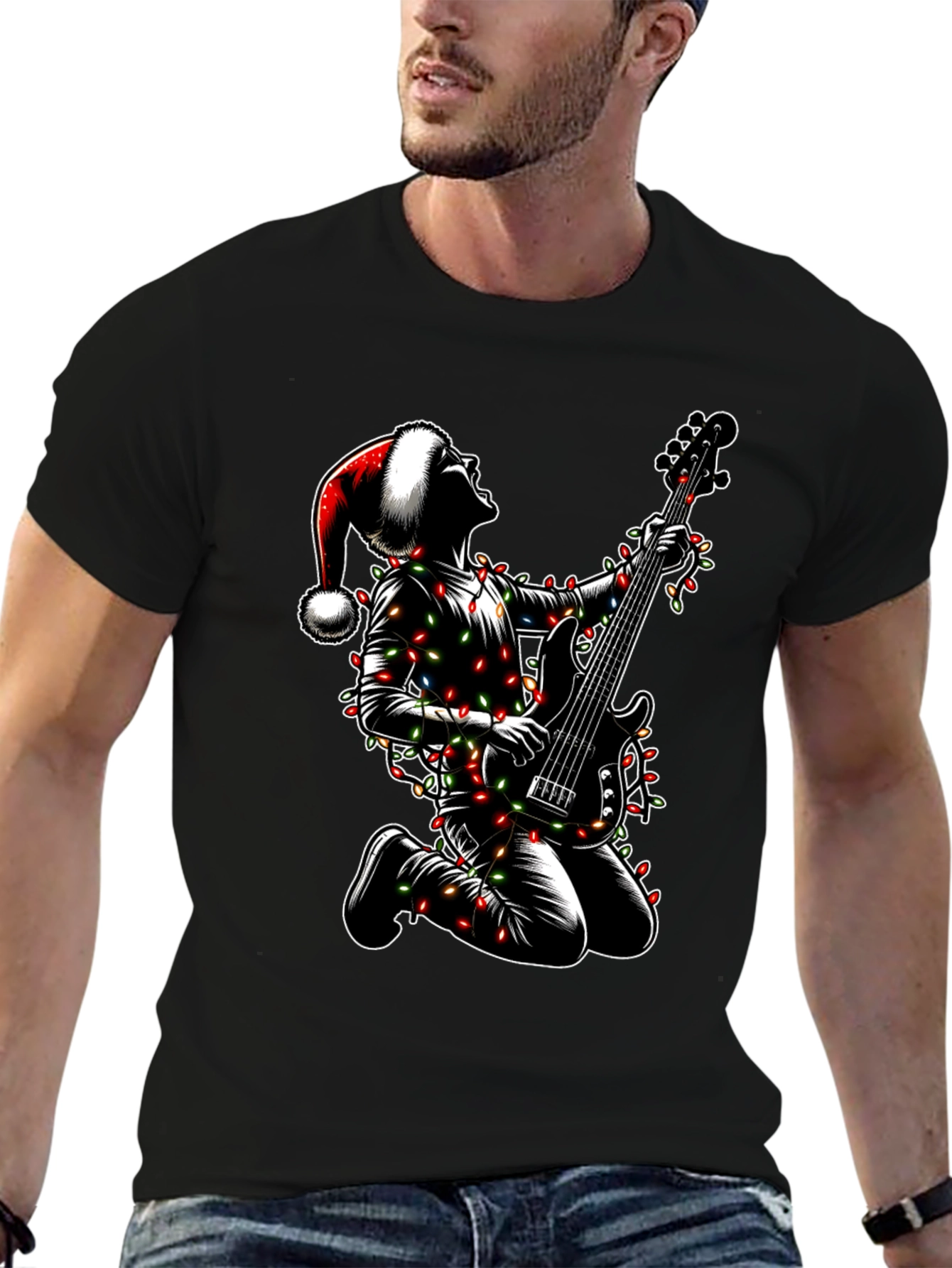 Camiseta Hombre Navidad Rockero Guitarra Luces