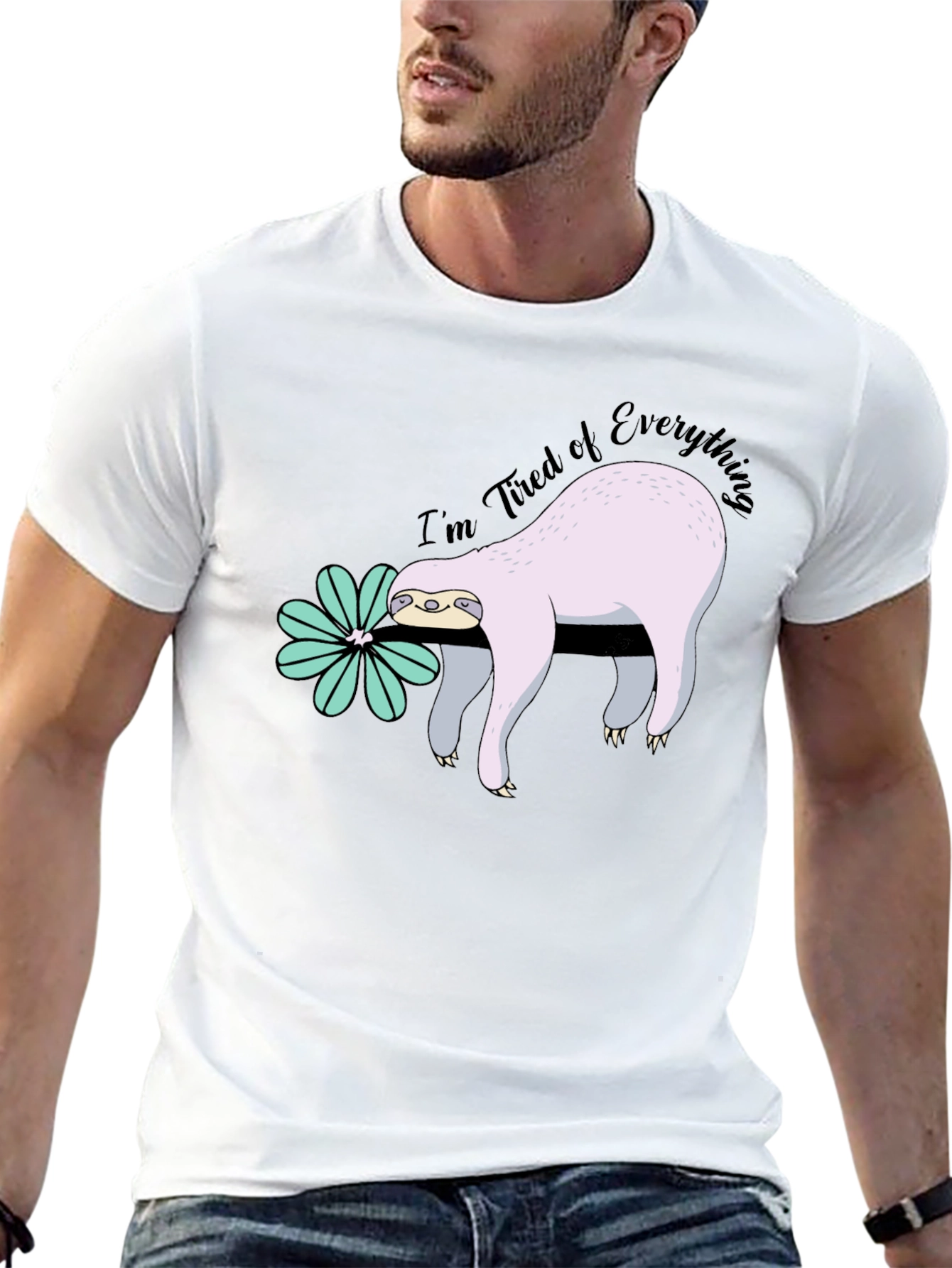 Camiseta Hombre Negra con Diseño de Perezoso Cansado
