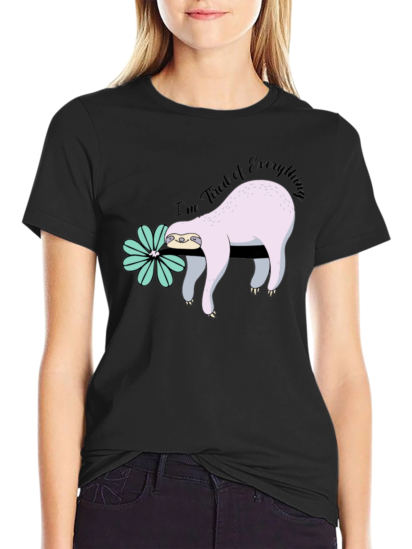 Camiseta Hombre Negra con Diseño de Perezoso Cansado