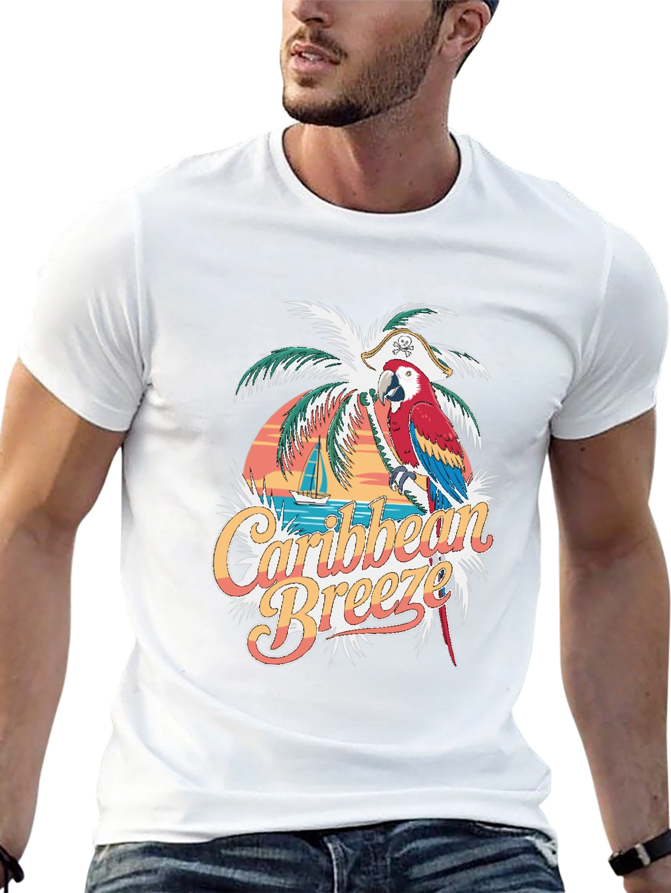 Camiseta Hombre Negra - Brisa Caribeña y Loro Pirata