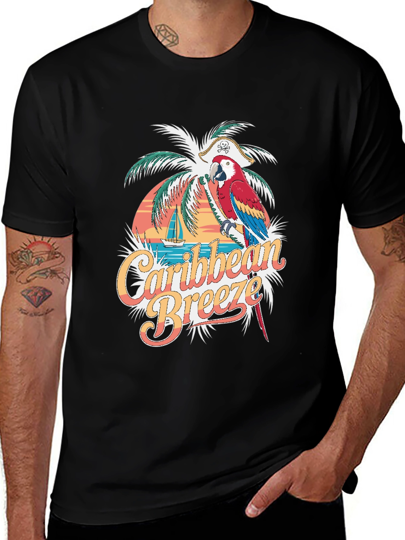 Camiseta Hombre Negra - Brisa Caribeña y Loro Pirata